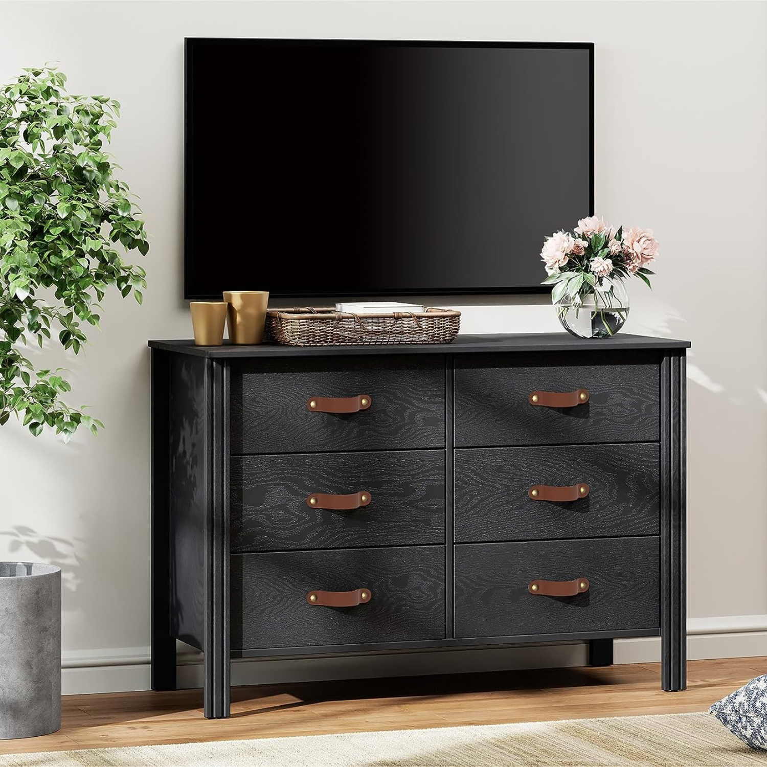WAMPAT Dresser TV Stand, Wood Entertainment Center with 6 Fabric Drawers, Chest of Drawers for Living Room, Bedroom, Hallway