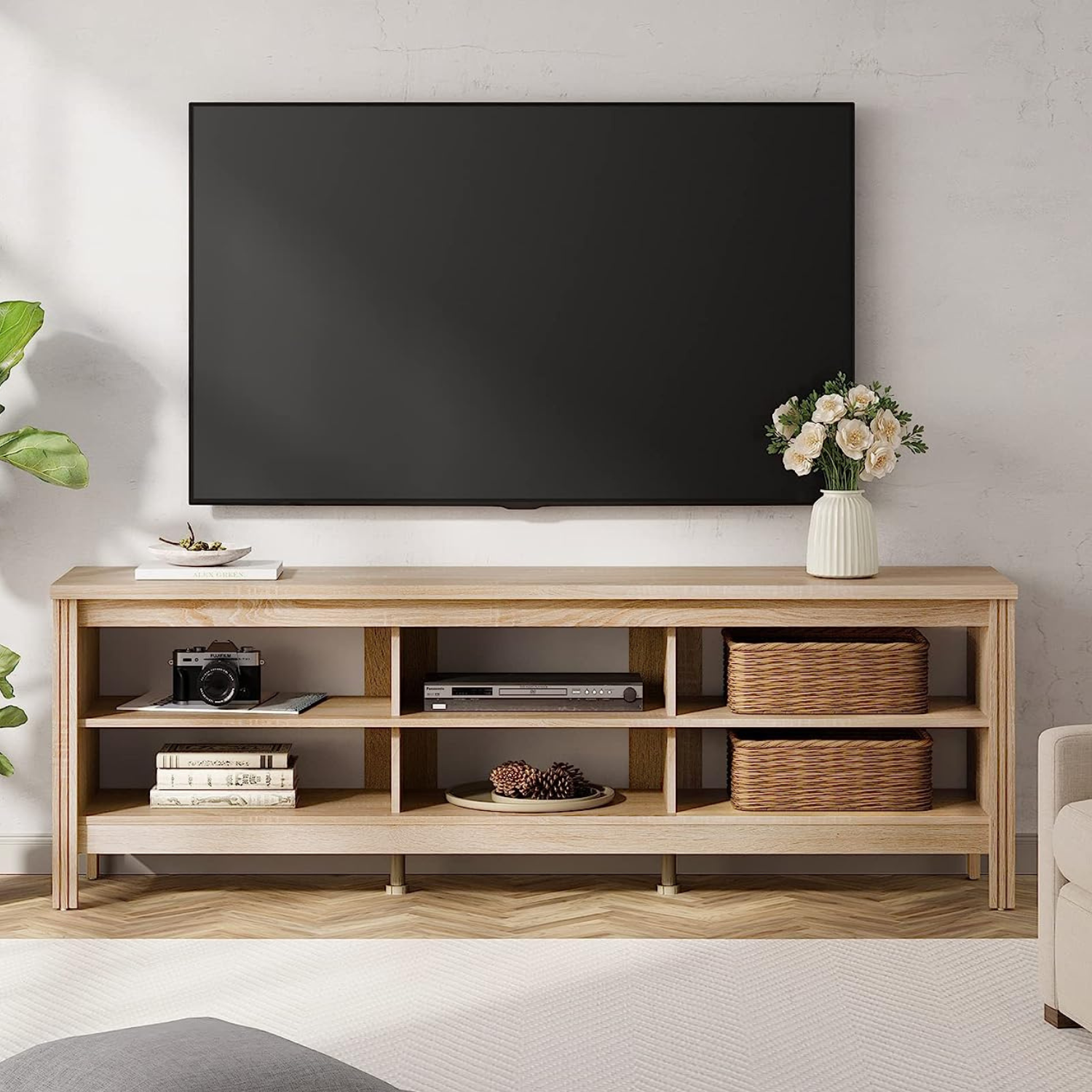 WAMPAT 70" TV Stand for 75 inch TV Entertainment Center, Wood TV Console Media Table for Living Room Bedroom, White Oak