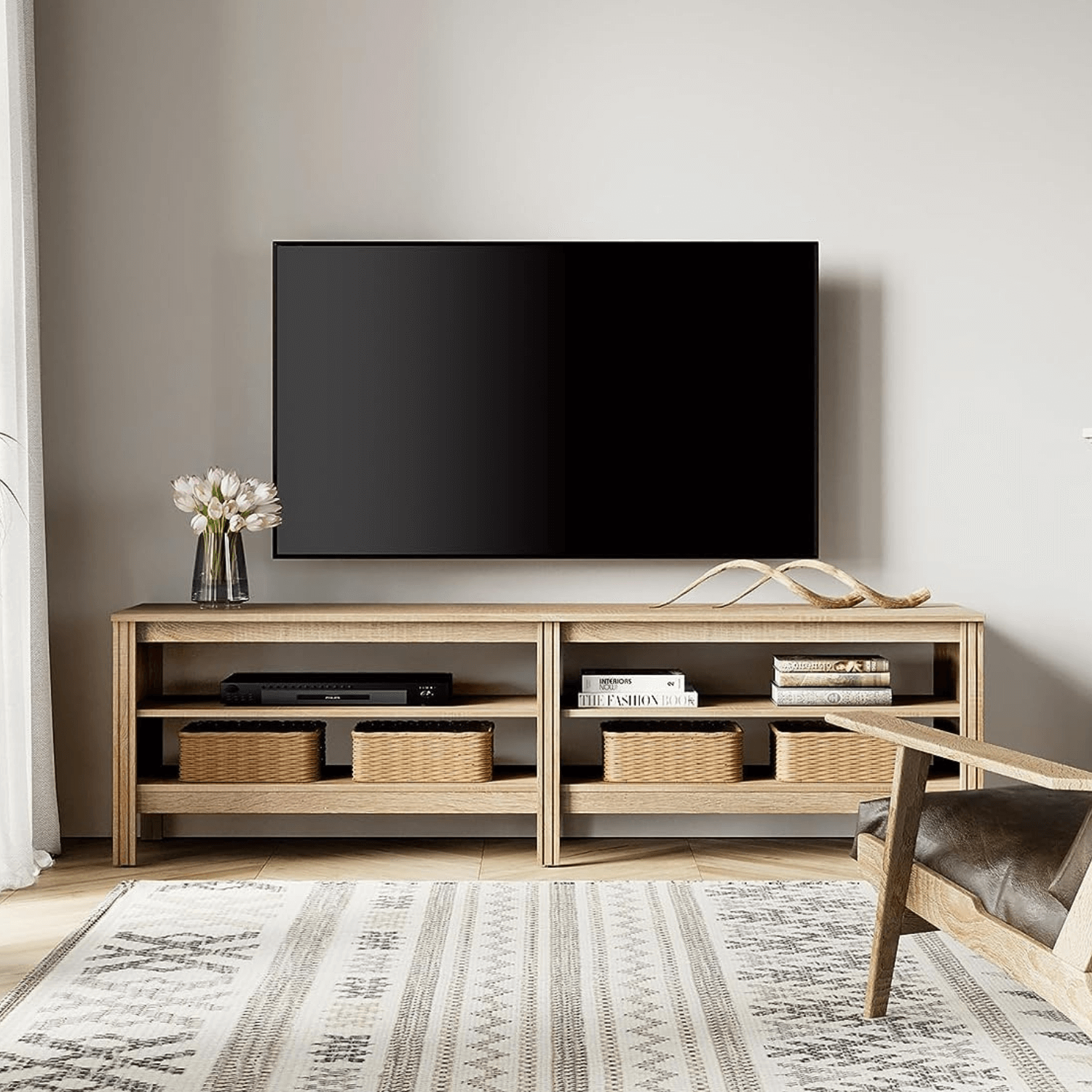 WAMPAT Farmhouse TV Stand for 75 Inch TV, Wood Entertainment Center for 70 65 55 inch TV Console Table for Living Room, Oak