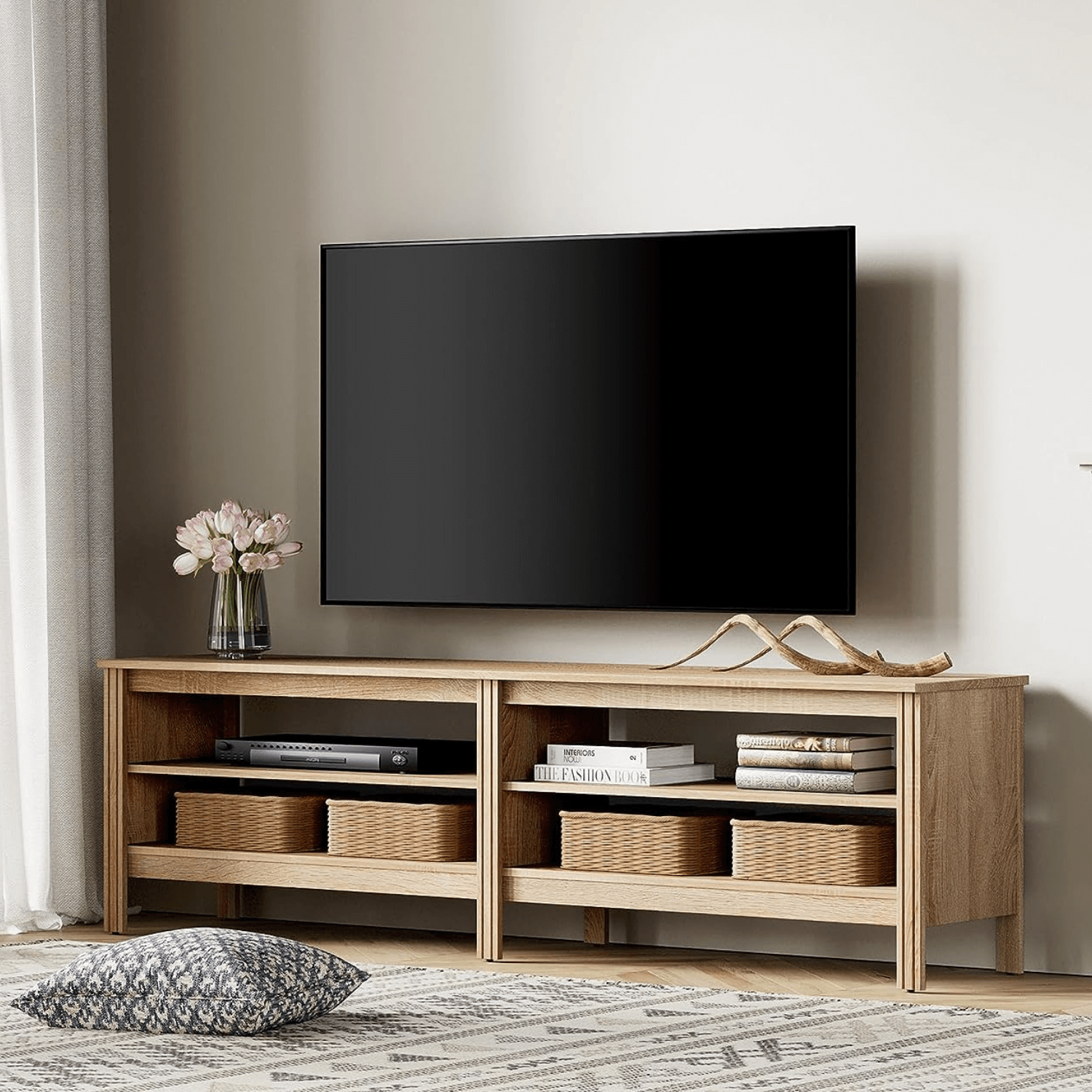 WAMPAT Farmhouse TV Stand for 75 Inch TV, Wood Entertainment Center for 70 65 55 inch TV Console Table for Living Room, Oak