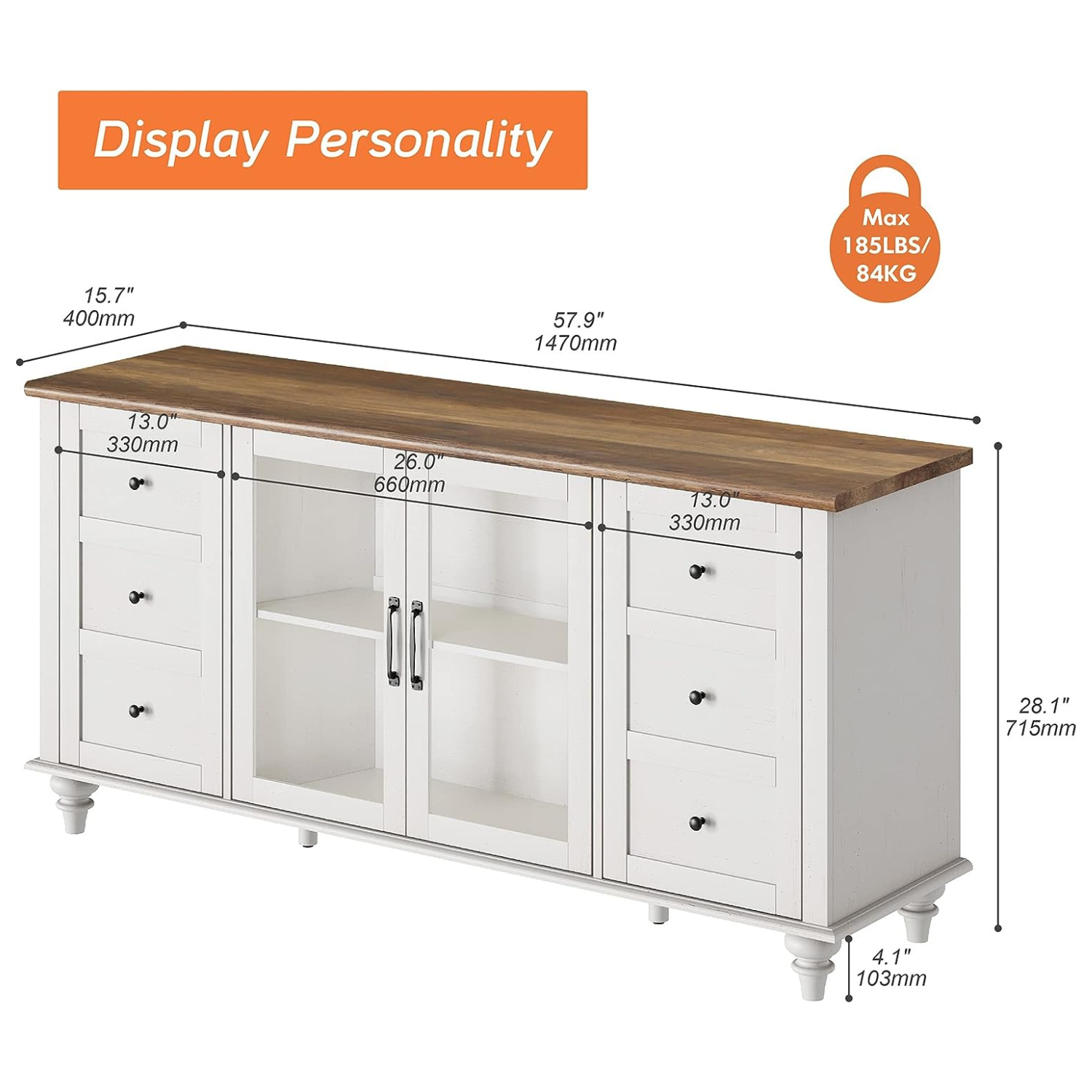 WAMPAT 58" Farmhouse TV Stand for 65" TV, Glass & Wood Universal Cabinets with LED Light, Storage Entertainment Center Console Table