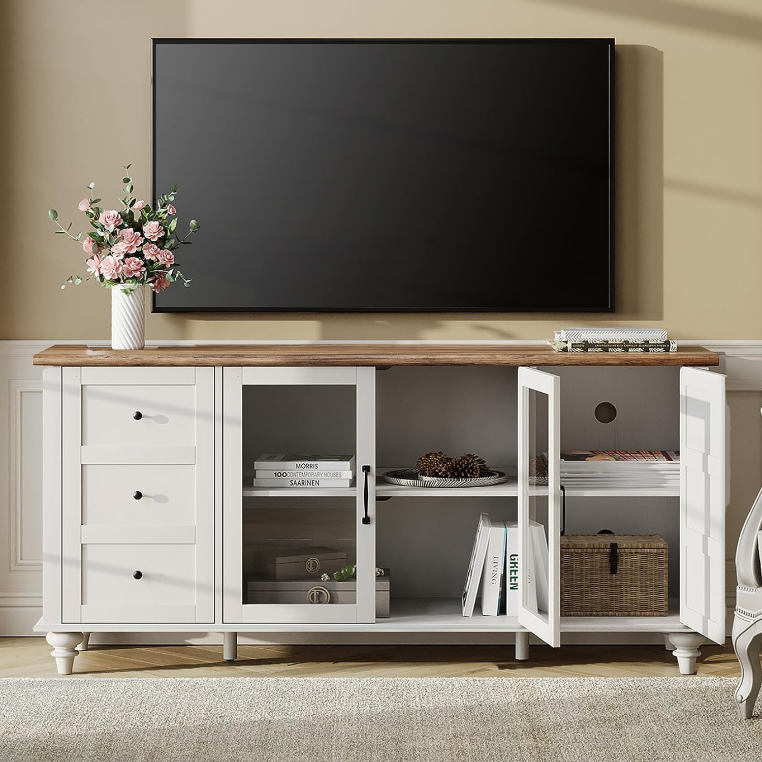 WAMPAT 58" Farmhouse TV Stand for 65" TV, Glass & Wood Universal Cabinets with LED Light, Storage Entertainment Center Console Table