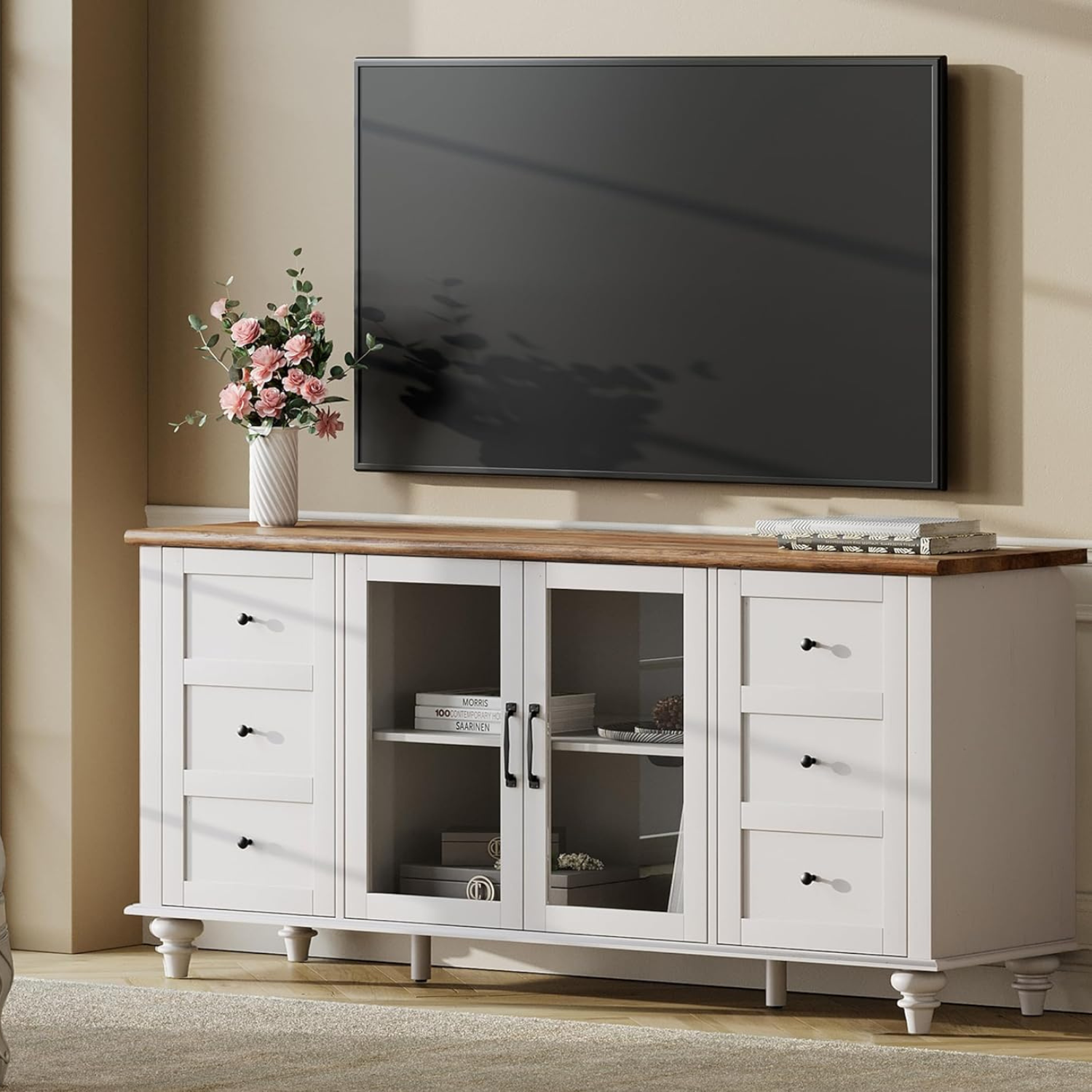 WAMPAT 58" Farmhouse TV Stand for 65" TV, Glass & Wood Universal Cabinets with LED Light, Storage Entertainment Center Console Table