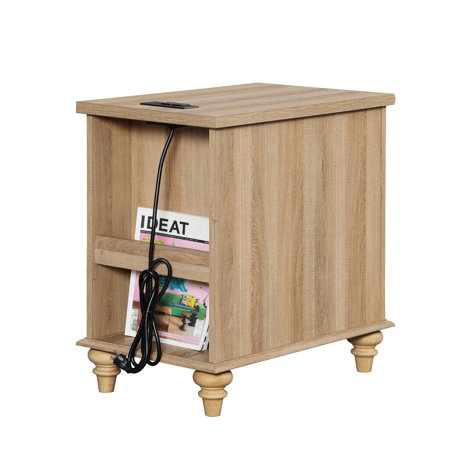 WAMPAT End Table with Charging Station, Wood Side Sofa Table Rattan Weaving Nightstand for Living Room Bedroom, Oak