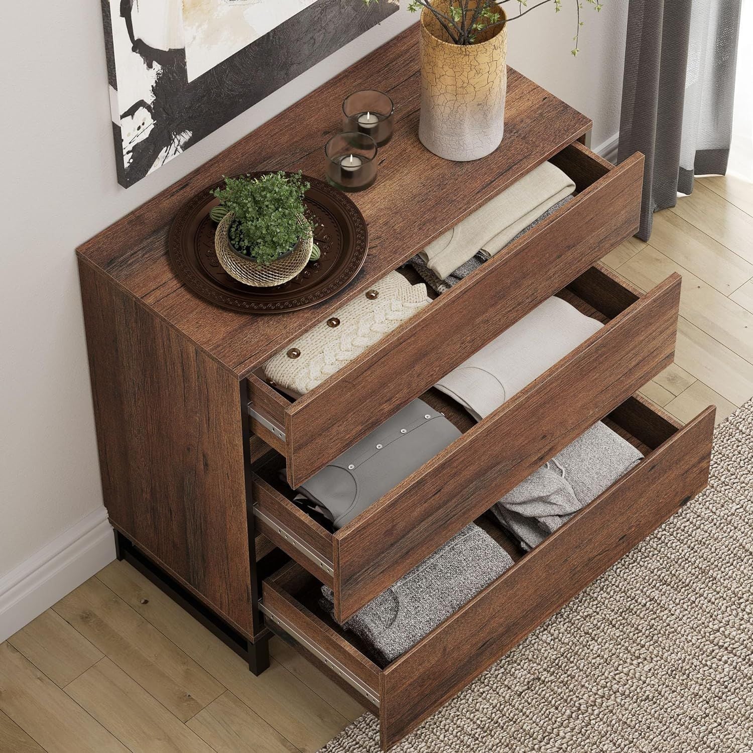 WAMPAT Modern TV Stand for TVs up to 42 inch, Entertainment Center TV Console with 3 Drawers & Metal Base, Media Console for Living Room, Bedroom, Brown