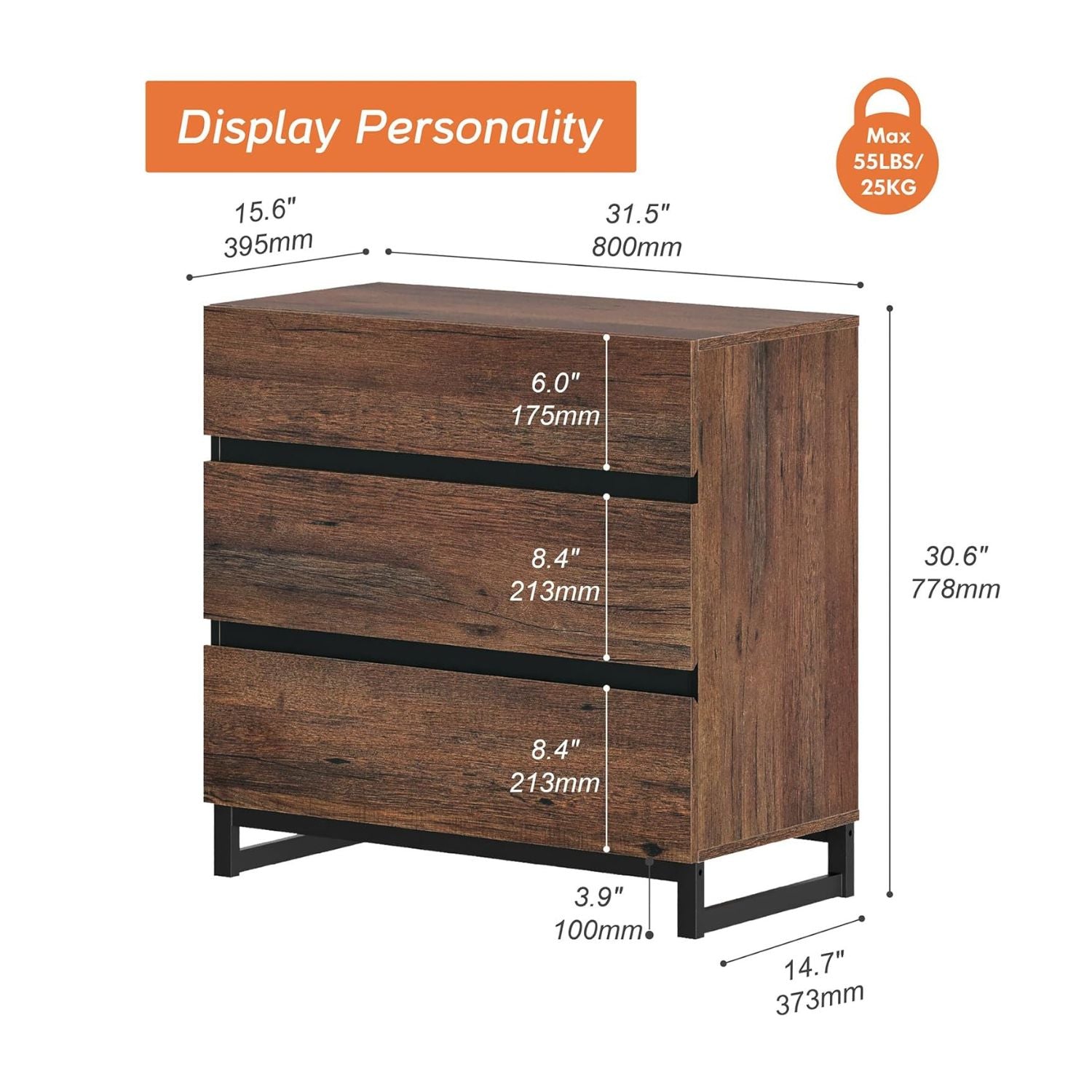 WAMPAT Modern TV Stand for TVs up to 42 inch, Entertainment Center TV Console with 3 Drawers & Metal Base, Media Console for Living Room, Bedroom, Brown