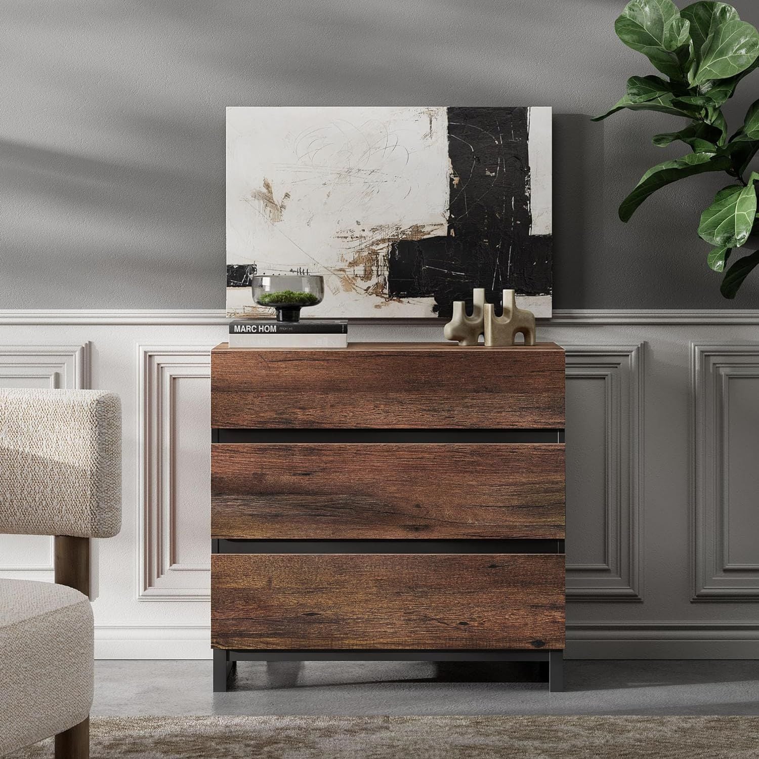 WAMPAT Modern TV Stand for TVs up to 42 inch, Entertainment Center TV Console with 3 Drawers & Metal Base, Media Console for Living Room, Bedroom, Brown