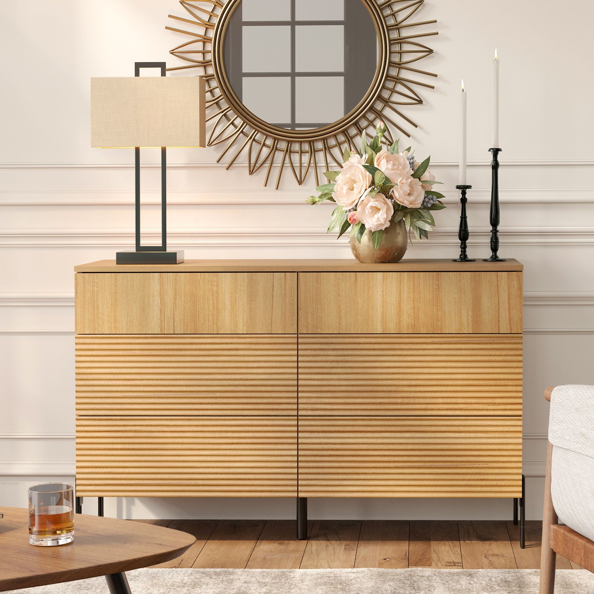 WAMPAT 6-Drawer Dresser for Bedroom, Modern Wood Storage Cabinet with Pop-up Drawers, Oak