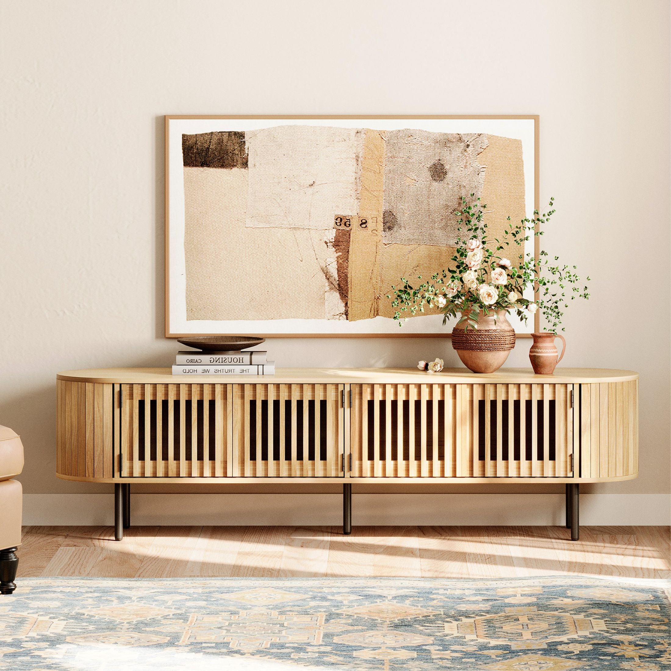 WAMPAT 70" Fluted TV Stand for 75” TVs, Wooden Media Console with Pop-up Doors & Storage for Living Room Bedroom, Natural Oak