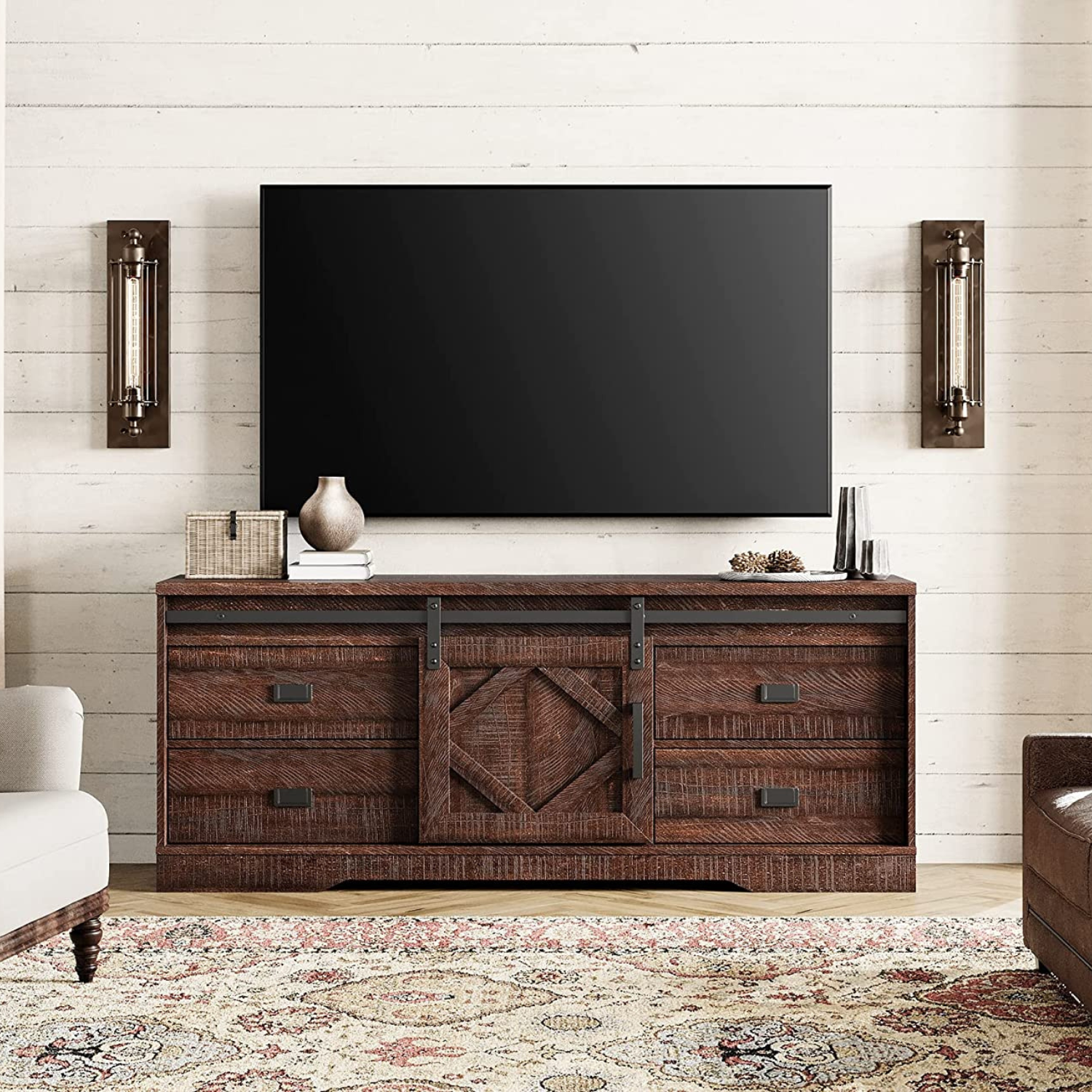 WAMPAT 59" Modern Farmhouse TV Stand for up to 65" TVs Wood Entertainment Center with Drawers & Adjustable Shelf for Living Room, Rustic Brown