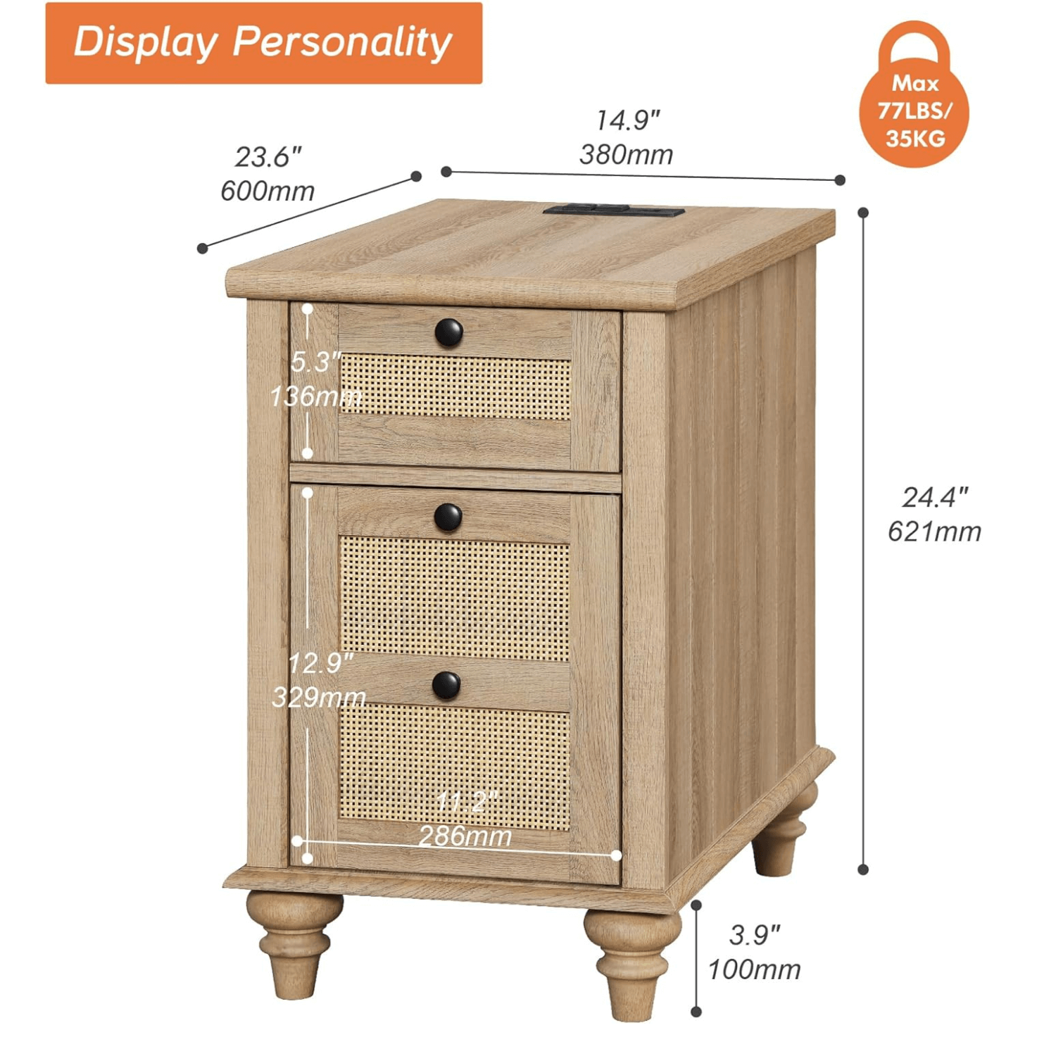 WAMPAT End Table with Charging Station, Wood Side Sofa Table Rattan Weaving Nightstand for Living Room Bedroom, Oak