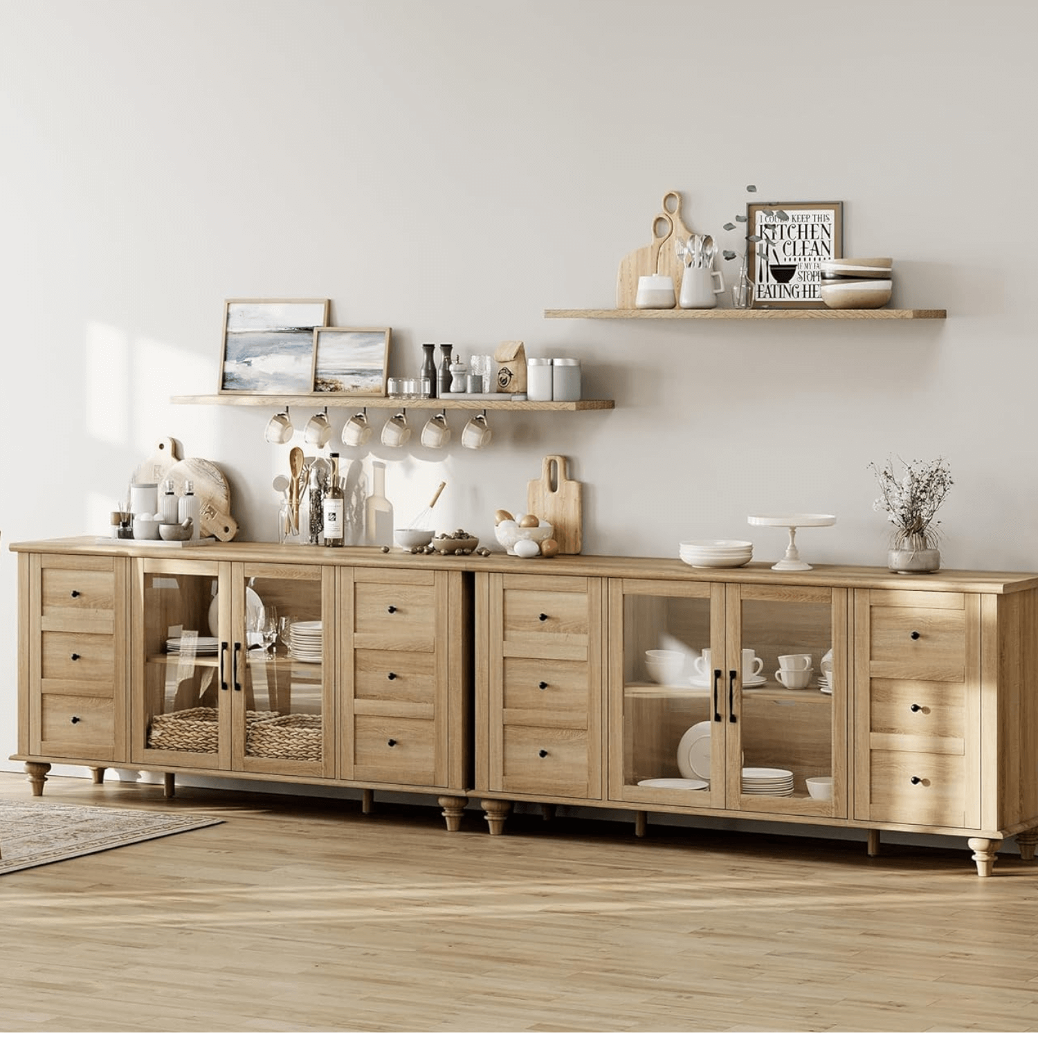 WAMPAT Sideboard Buffet Cabinets with Glass Door, Kitchen Storage Cabinets, Wood Coffee Bar Tables, Living Room, Oak