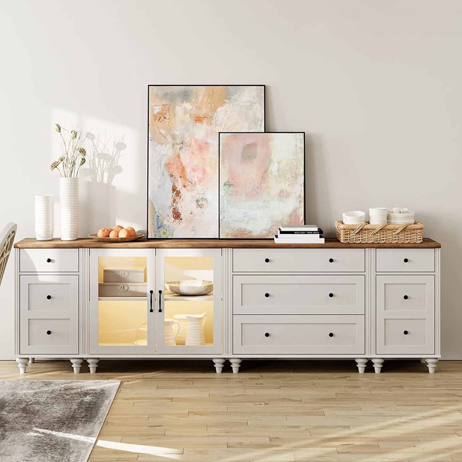 WAMPAT 100" TV Stand for 85 Inch TV, Wood Dresser with 5 Drawers and 4 Storages, Wooden Closet Dresser for Bedroom Living Room, Off White