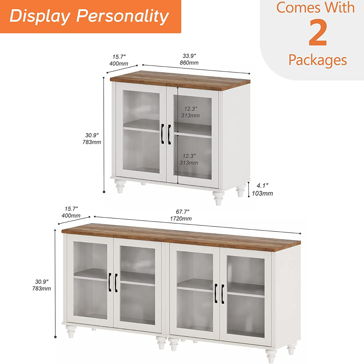 WAMPAT 67.7" LED TV Stand for 75 Inch TV, 2-in-1 Kitchen Sideboard Buffet Cabinet with Glass Door for Dining Room, Off White