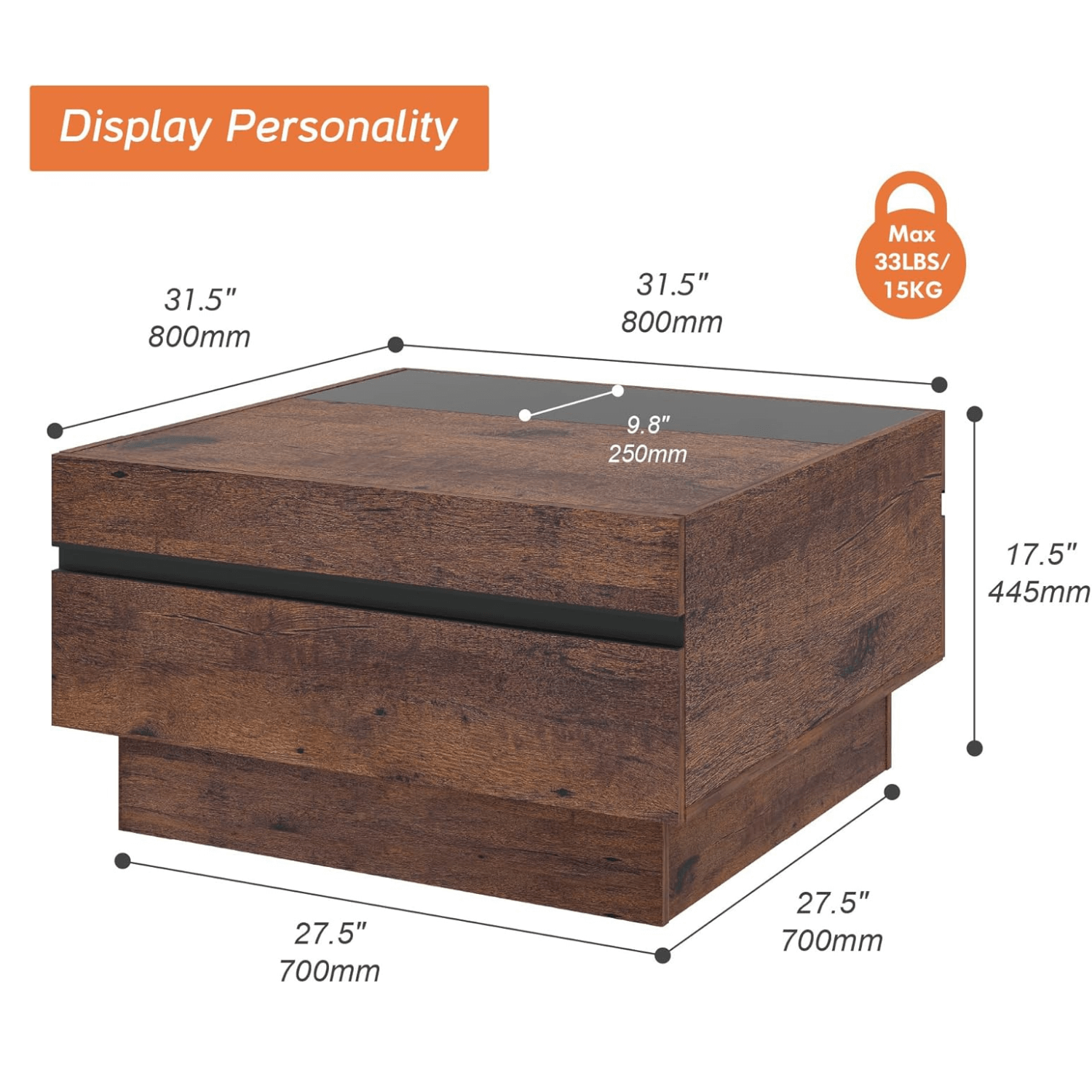 WAMPAT Modern Coffee Table, Square Living Room Tables with Tempered Glass Top and Two Large Storage Drawers, 31.5"x 31.5", Brown