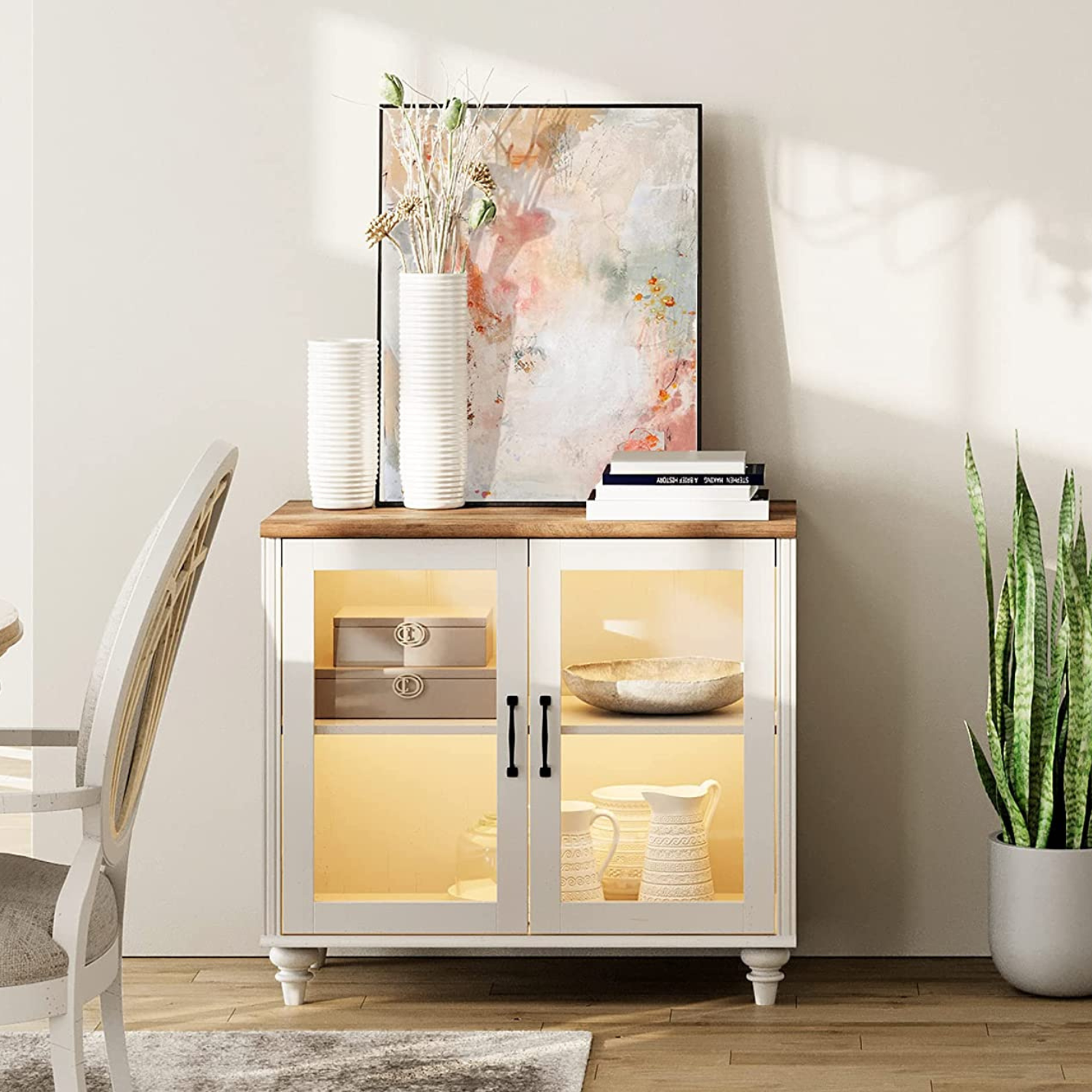 WAMPAT 34" TV Stand for 43 Inch TV with Yellow LED Light, Kitchen Sideboard Buffet Cabinet with Glass Door for Dining Room, Off White