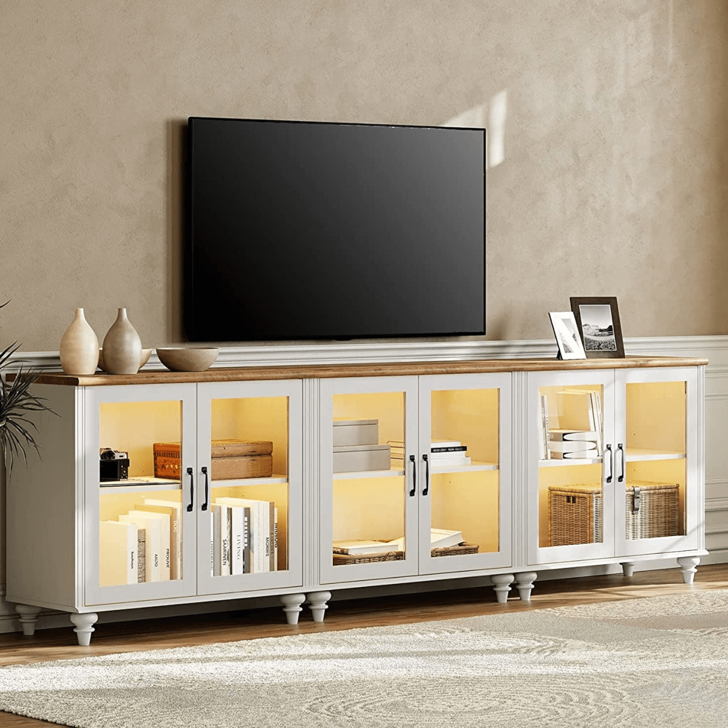 WAMPAT 101" LED TV Stand for 75/80/85 Inch TV, 3-in-1 Kitchen Cupboard Buffet Cabinet with Glass Door for Dining Room & Living Room, Off White