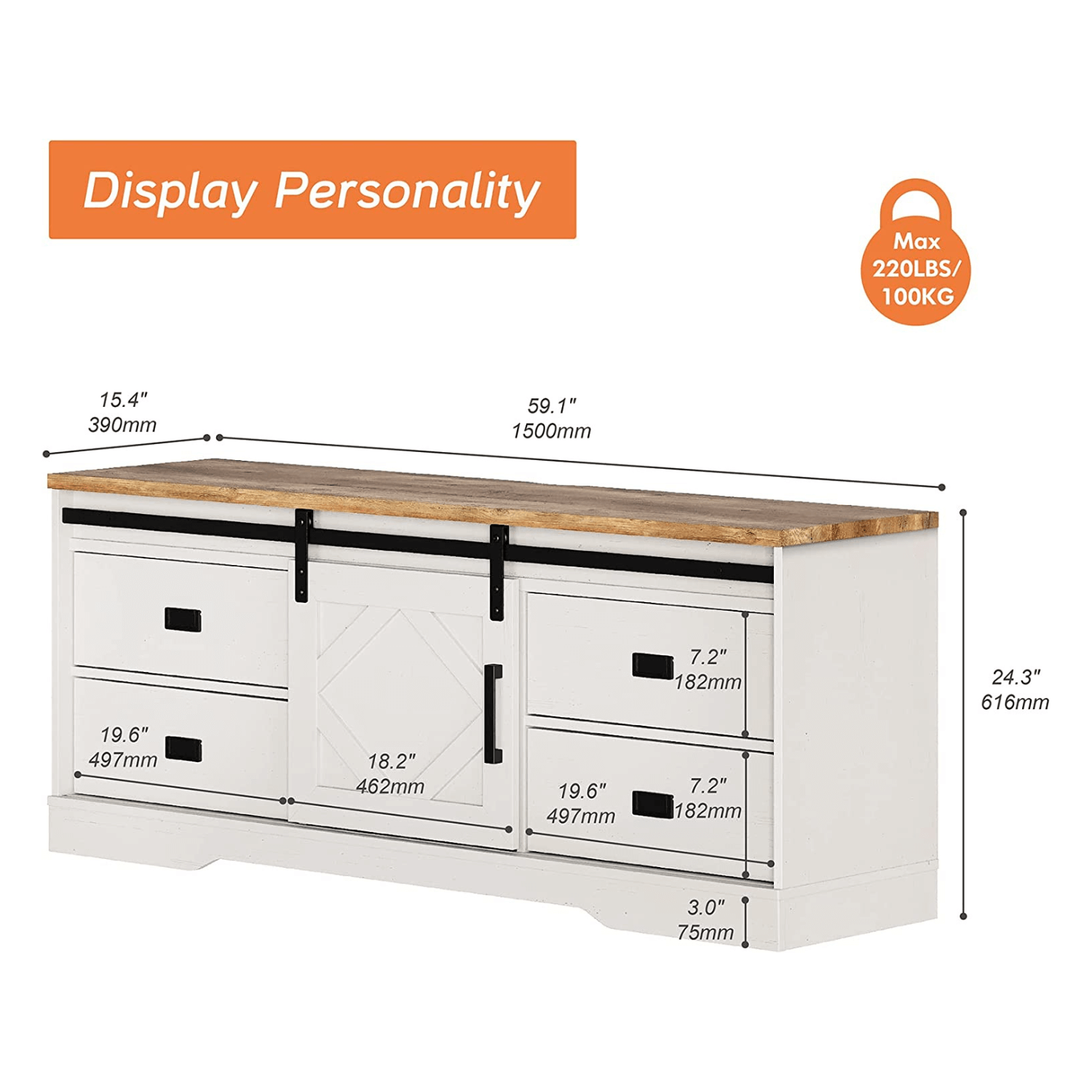 WAMPAT 59" Modern Farmhouse TV Stand for up to 65" TVs Wood Entertainment Center with Drawers & Adjustable Shelf for Living Room, Cream White
