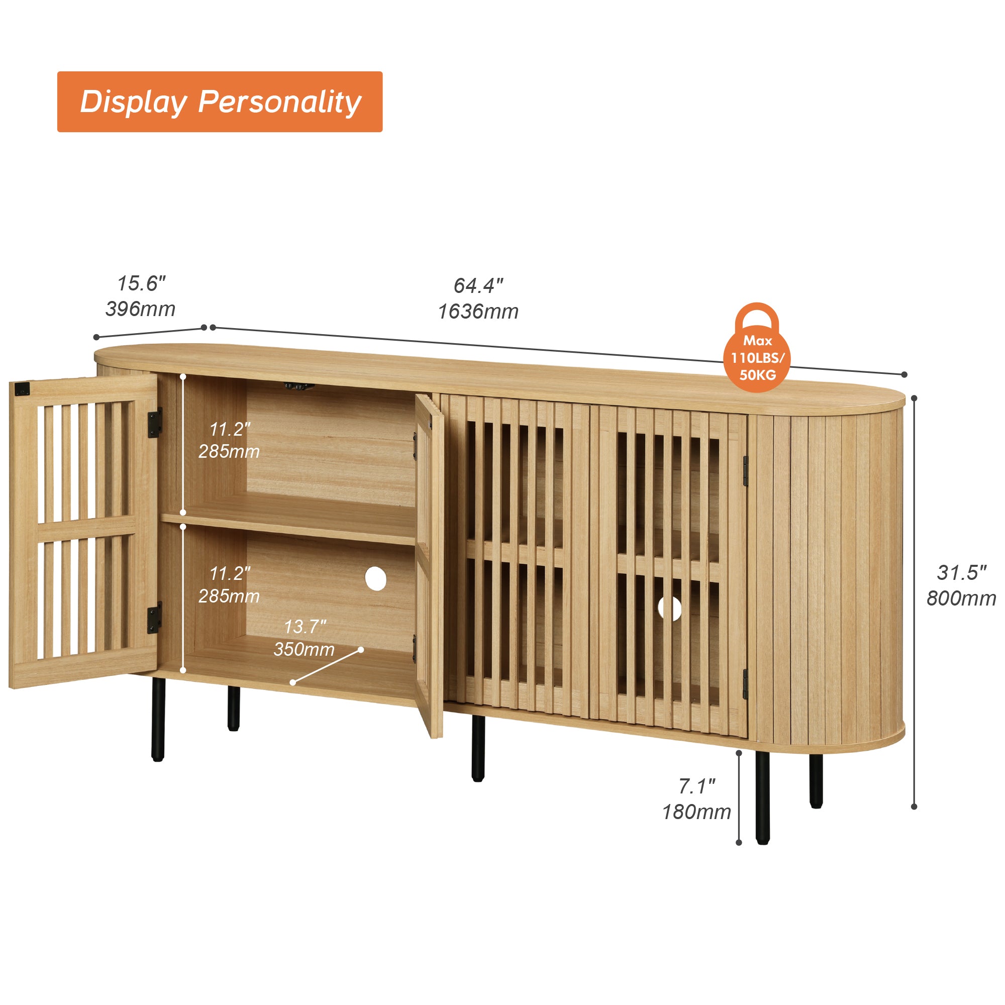 WAMPAT 64" Kitchen Buffet Sideboard Cabinet, Coffee Bar Storage Cabinet with Pop-up Doors, Oak