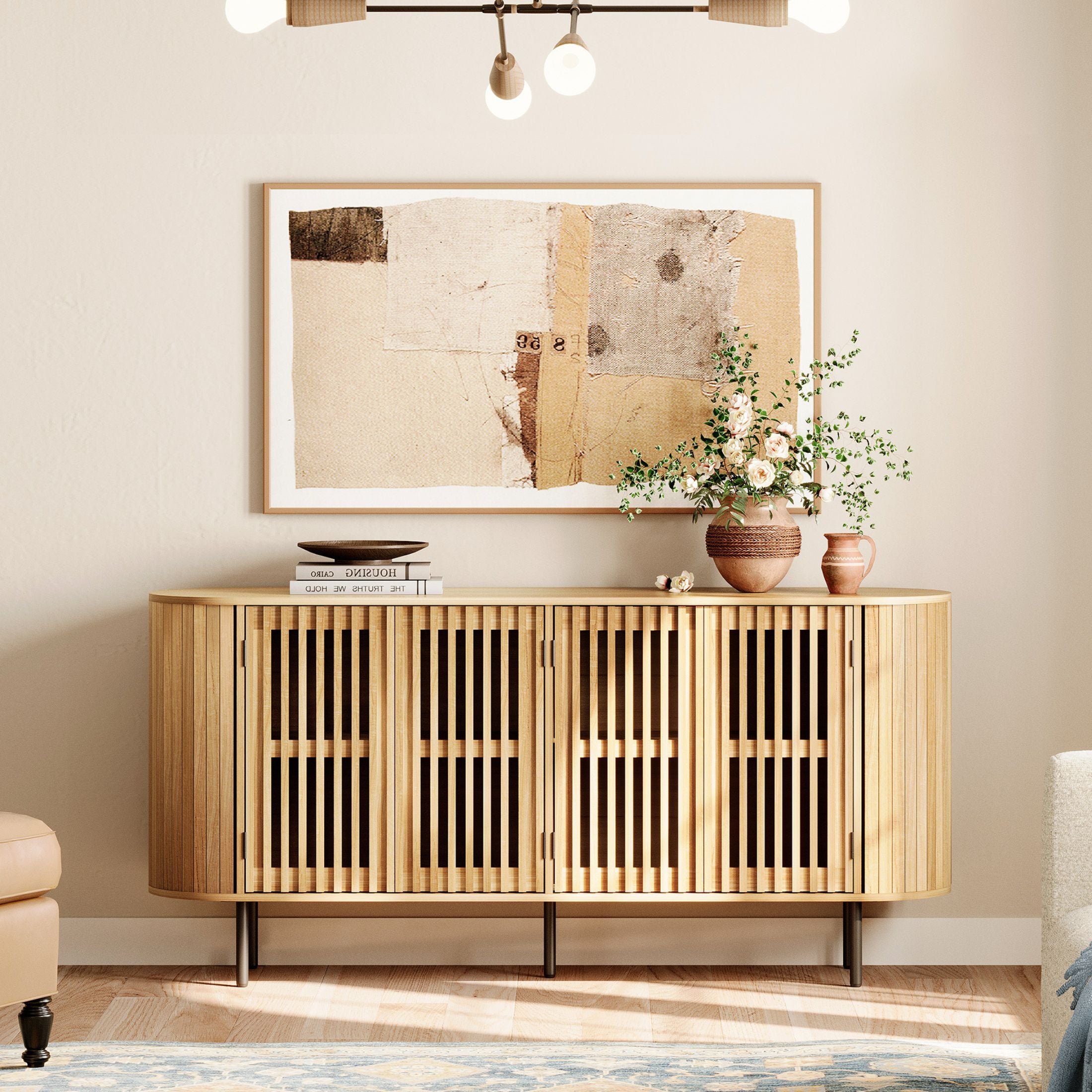 WAMPAT 64" Kitchen Buffet Sideboard Cabinet, Coffee Bar Storage Cabinet with Pop-up Doors, Oak