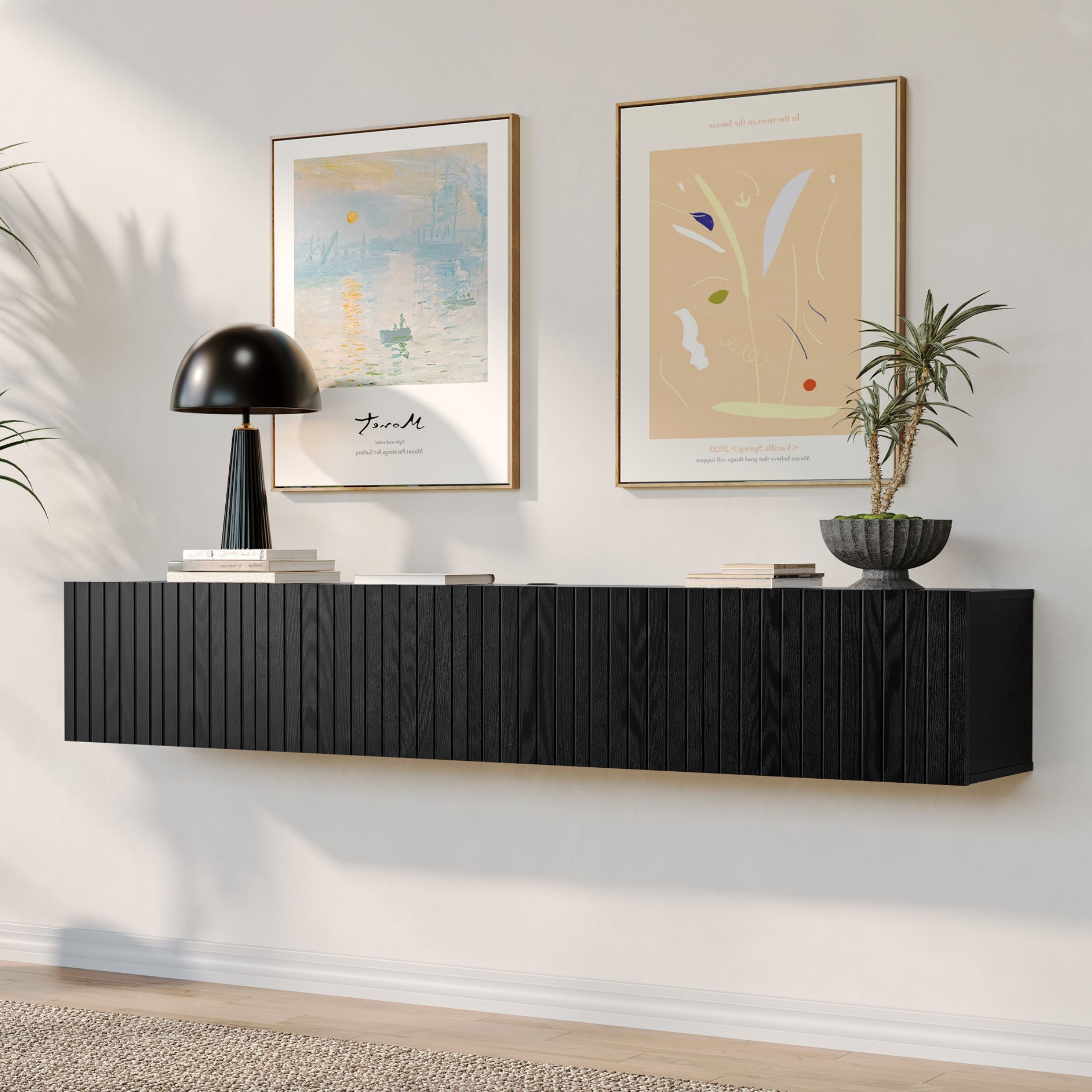WAMPAT Floating TV Stand for TVs up to 80 inch, Modern Floating Entertainment Center with 3 Fluted Flip-Down Doors, Wall Mounted TV Shelf for Living Room, Bedroom, Black