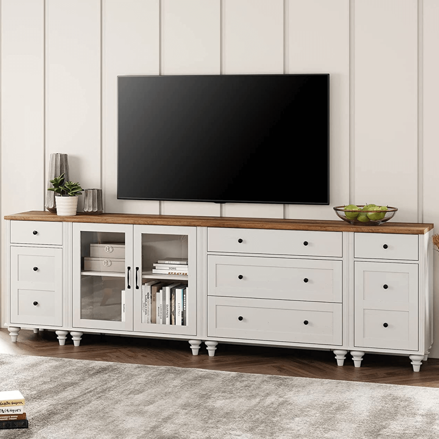 WAMPAT 100" TV Stand for 85 Inch TV, Wood Dresser with 5 Drawers and 4 Storages, Wooden Closet Dresser for Bedroom Living Room, Off White