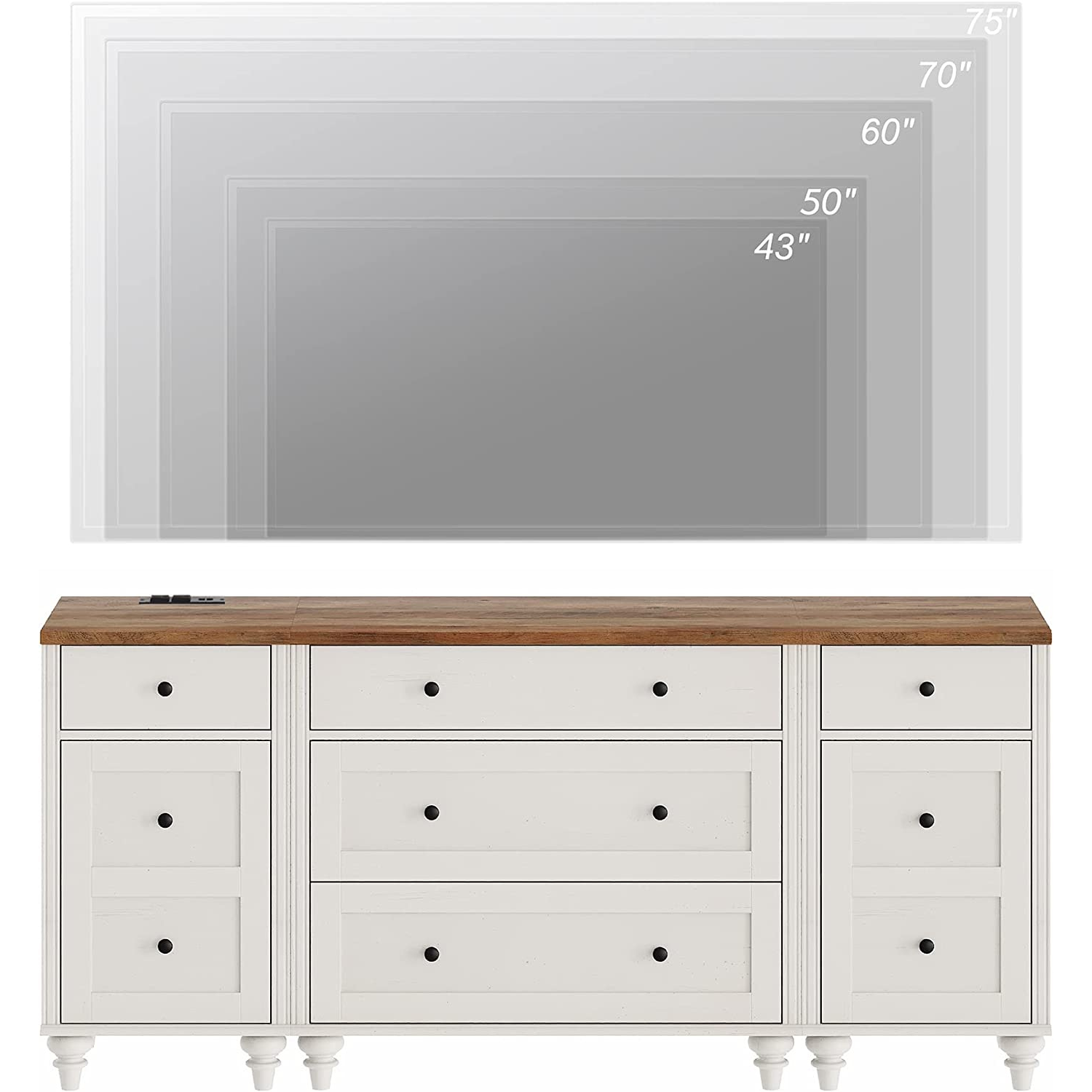 WAMPAT 67" Modern TV Stand for 75 Inch TV, Wood Dresser with 5 Drawers and 2 Doors, Nightstands with Charging Station for Living Room, Off White