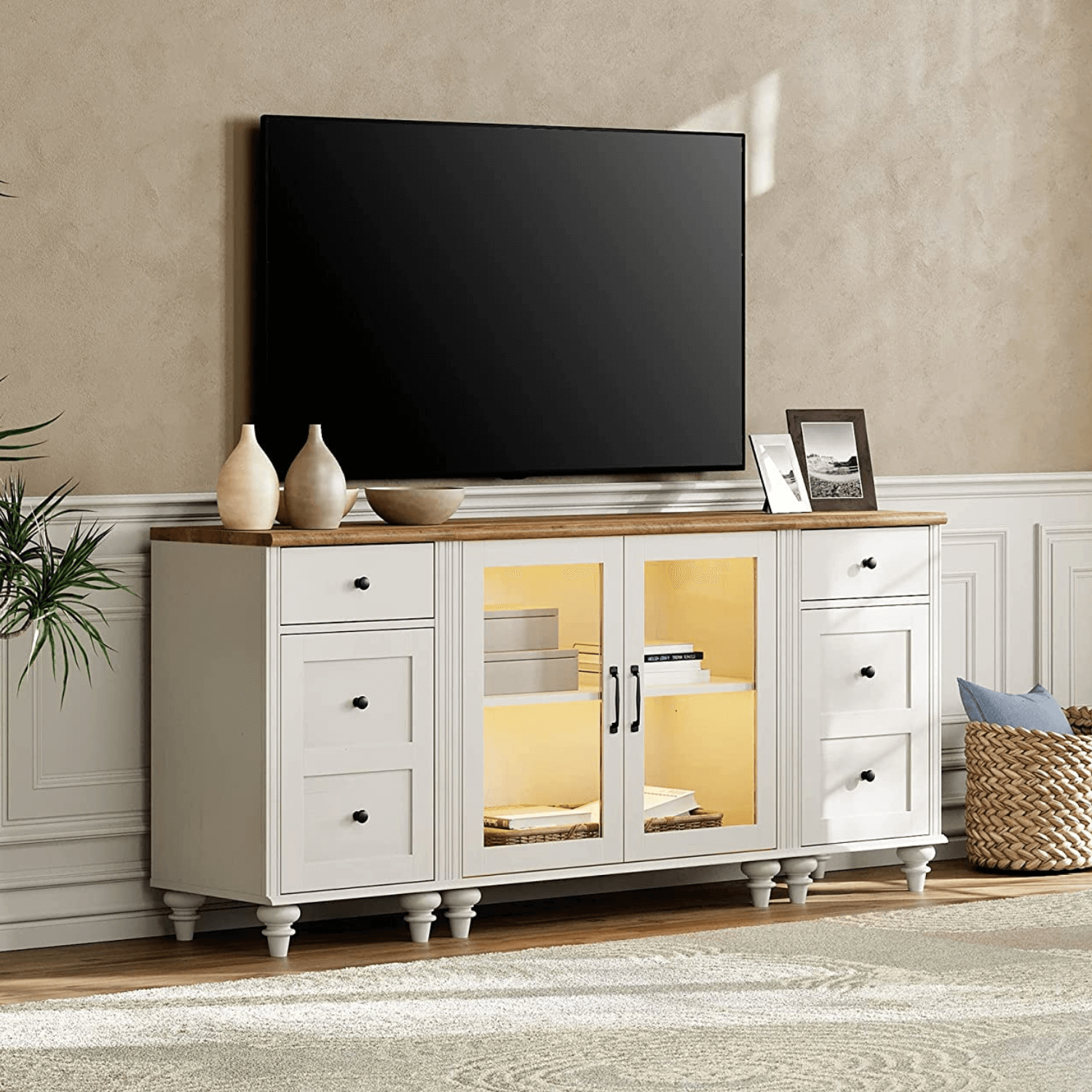 WAMPAT 67" LED TV Stand for 75 Inch TV, 3-in-1 Buffet Cabinet Side Table Set with Charging Station for Dining Room, Off White