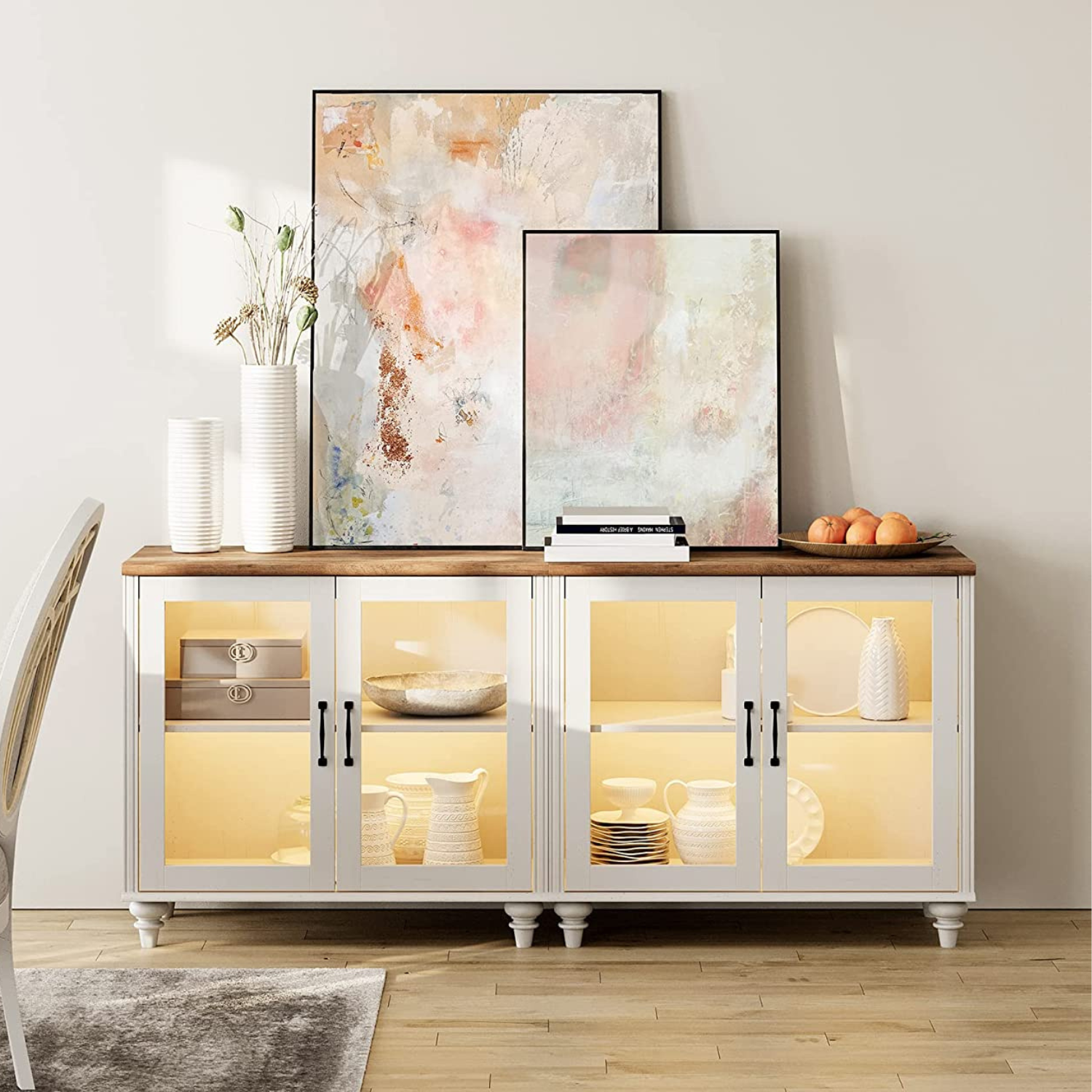 WAMPAT 67.7" LED TV Stand for 75 Inch TV, 2-in-1 Kitchen Sideboard Buffet Cabinet with Glass Door for Dining Room, Off White