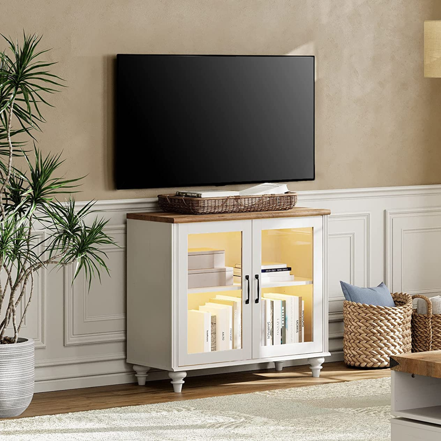 WAMPAT 34" TV Stand for 43 Inch TV with Yellow LED Light, Kitchen Sideboard Buffet Cabinet with Glass Door for Dining Room, Off White
