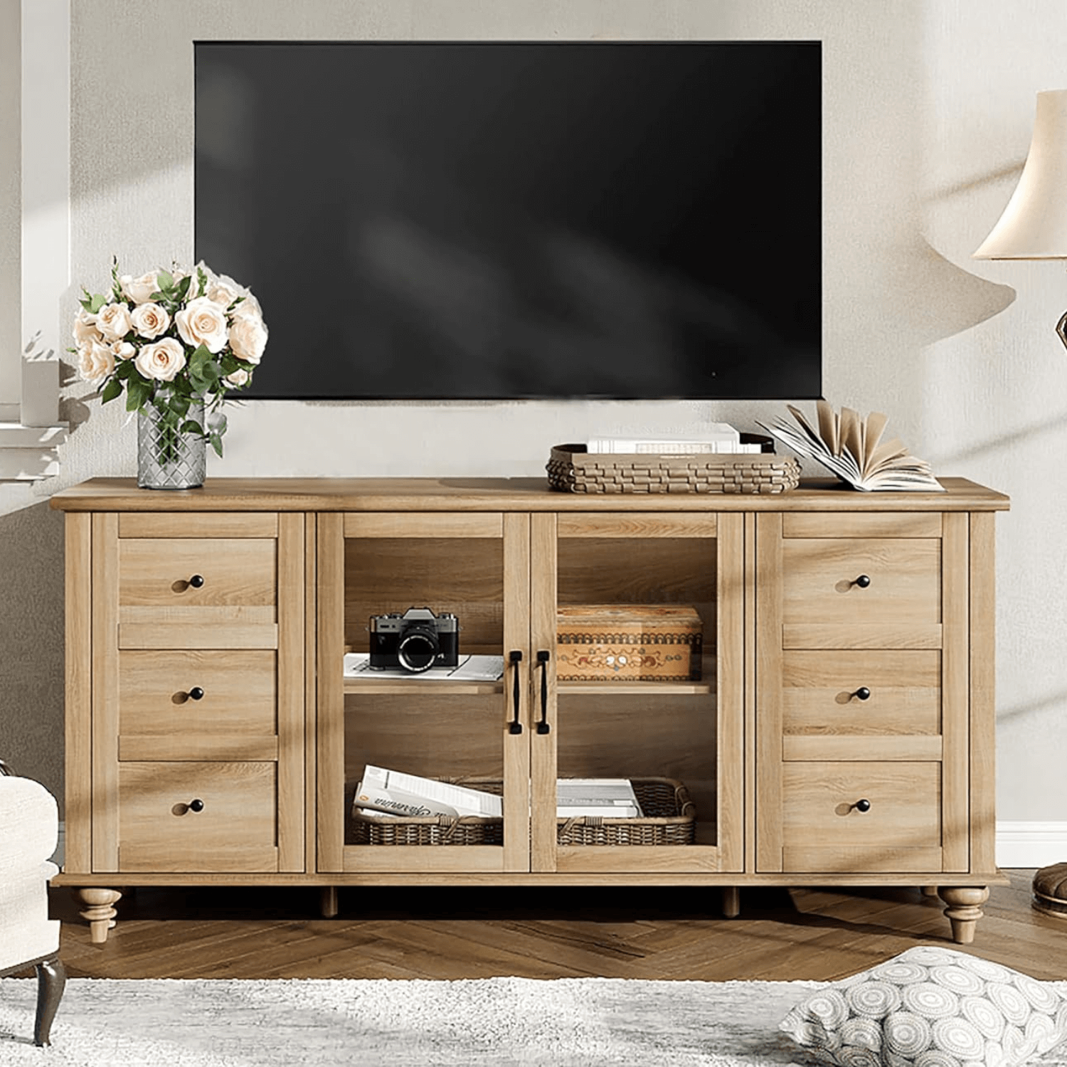 WAMPAT Sideboard Buffet Cabinets with Glass Door, Kitchen Storage Cabinets, Wood Coffee Bar Tables, Living Room, Oak