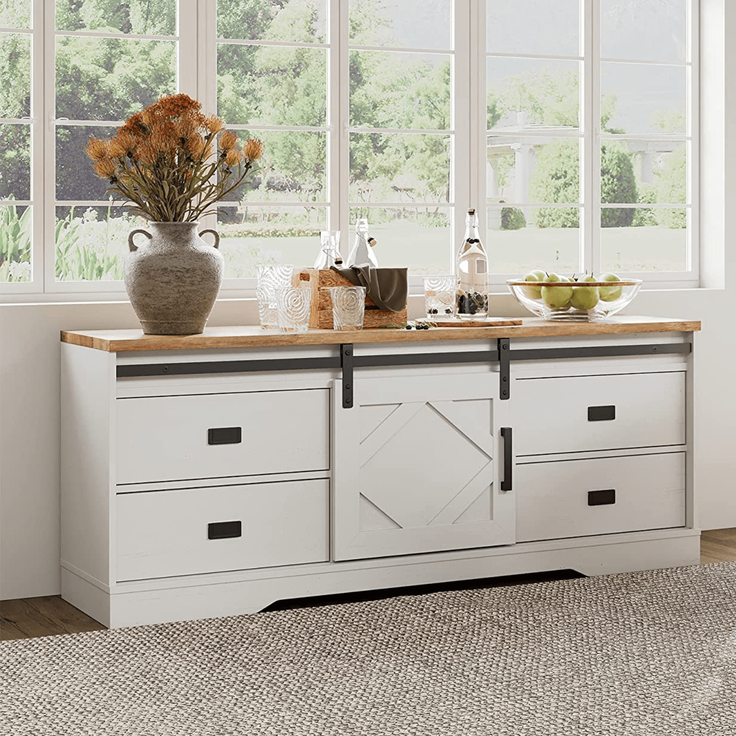 WAMPAT 59" Modern Farmhouse TV Stand for up to 65" TVs Wood Entertainment Center with Drawers & Adjustable Shelf for Living Room, Cream White