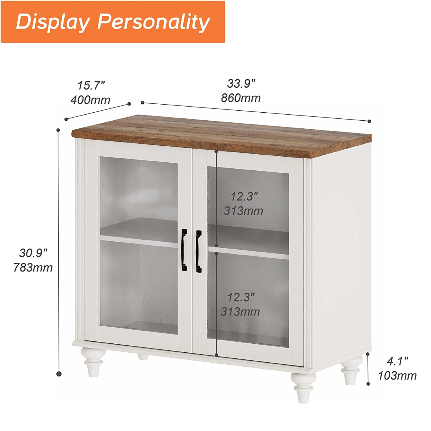 WAMPAT 34" TV Stand for 43 Inch TV with Yellow LED Light, Kitchen Sideboard Buffet Cabinet with Glass Door for Dining Room, Off White