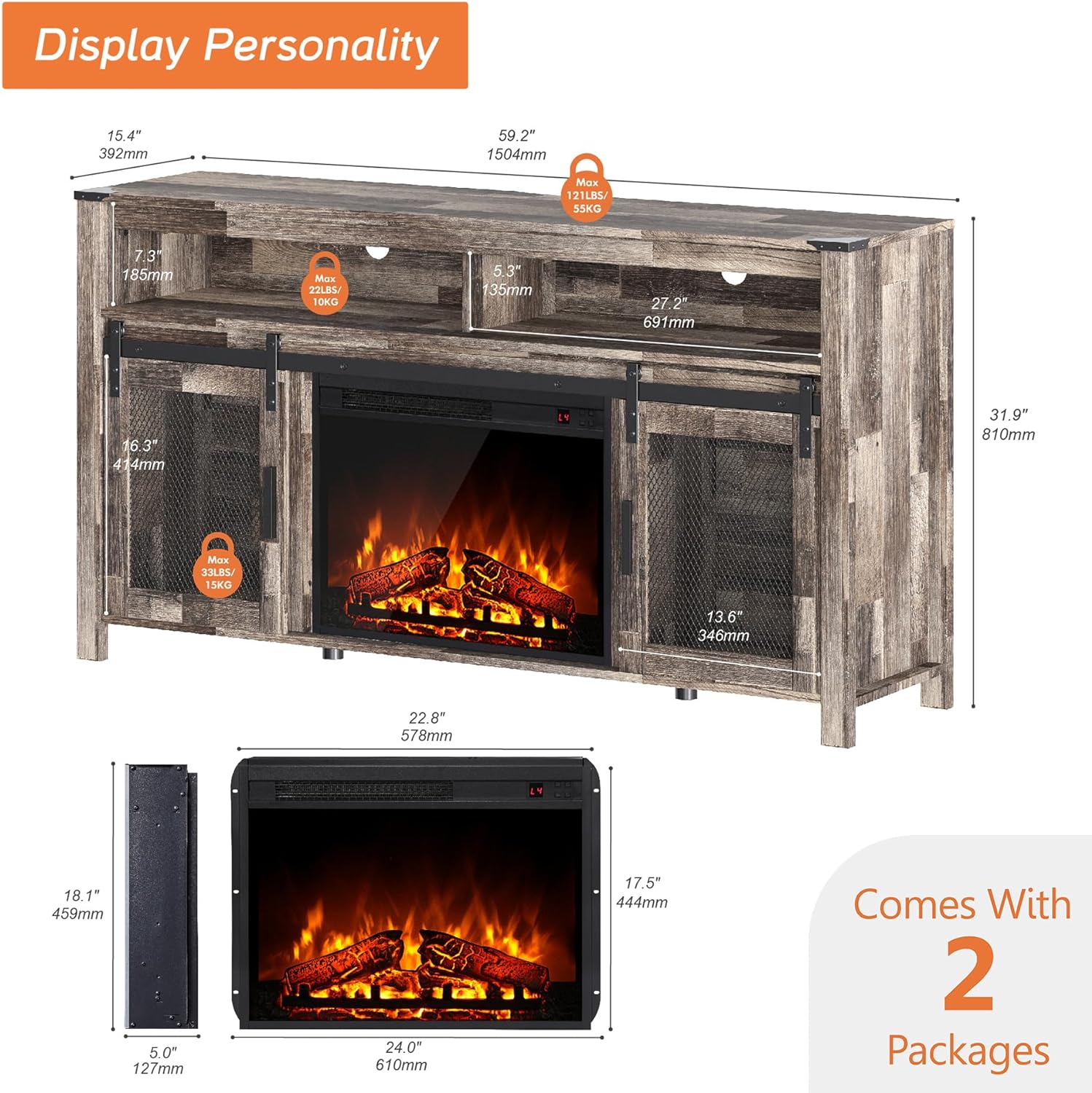 WAMPAT Fireplace TV Stand for 65+ Inch TV, Farmhouse Highboy Entertainment Center with 23" Electric Fireplace