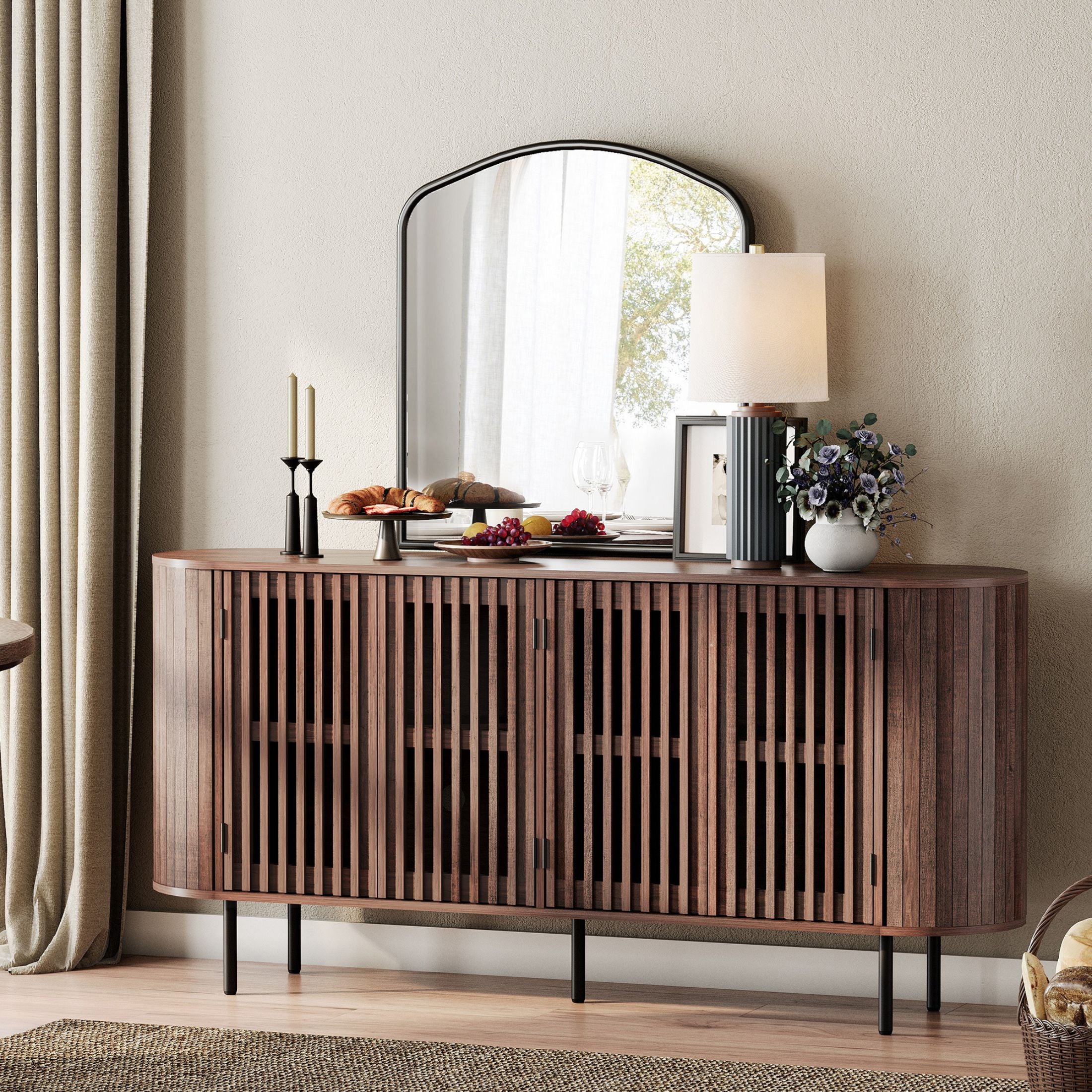 WAMPAT 64" Kitchen Buffet Sideboard Cabinet, Coffee Bar Storage Cabinet with Pop-up Doors, Walnut