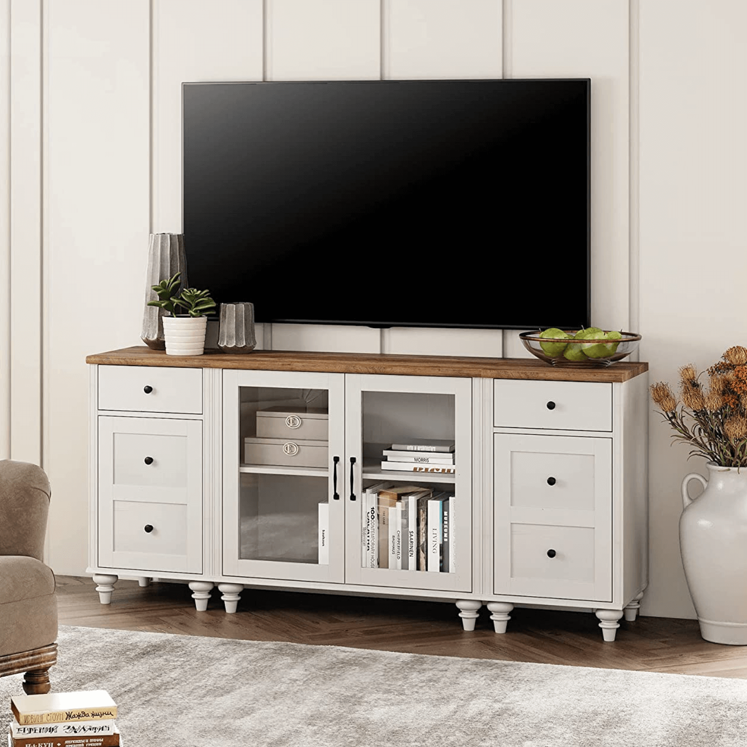 WAMPAT 67" LED TV Stand for 75 Inch TV, 3-in-1 Buffet Cabinet Side Table Set with Charging Station for Dining Room, Off White