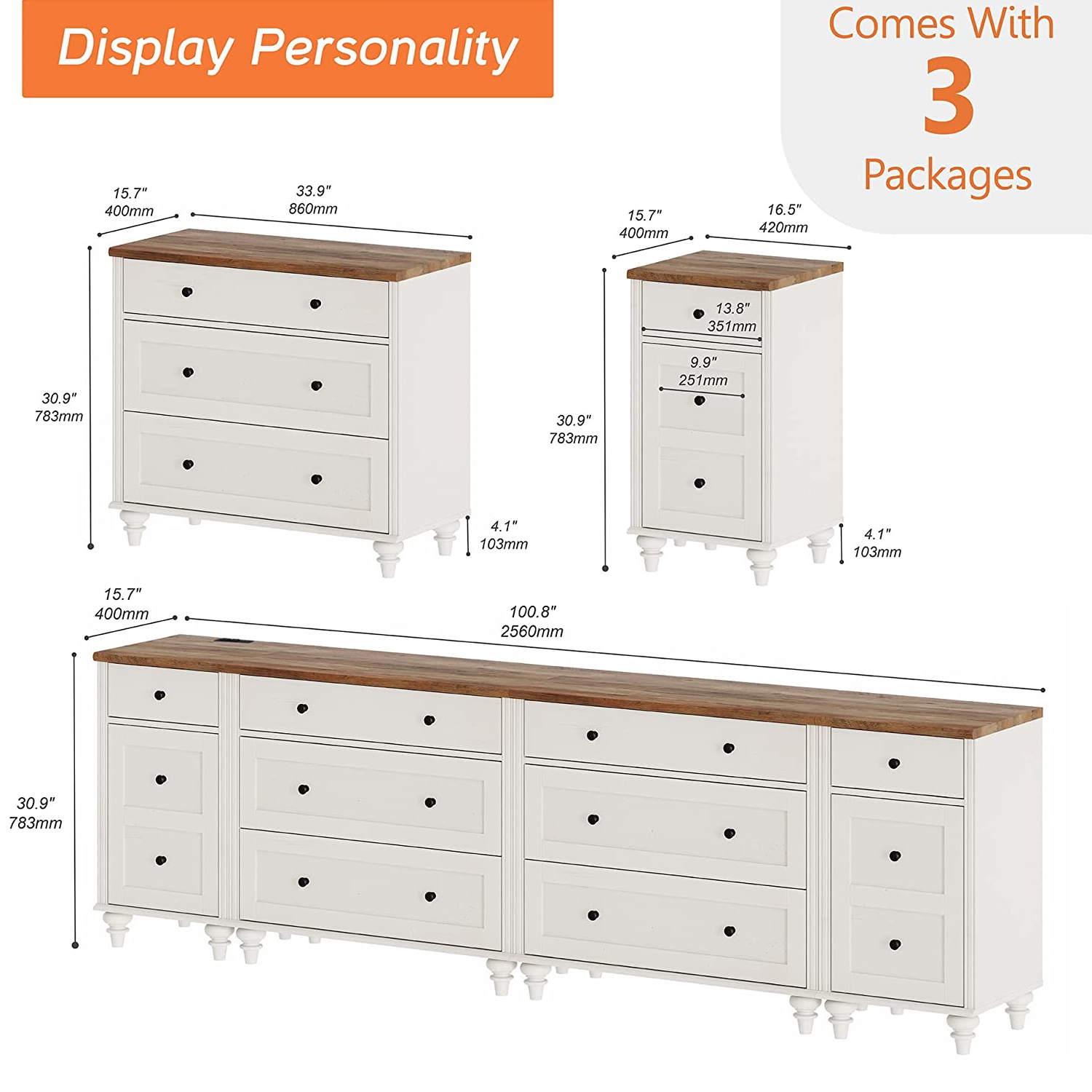 WAMPAT 100" Wood TV Cabinet Entertainment Center for 75/80/85/90 Inch TV, Kids Dresser for Bedroom, Off White