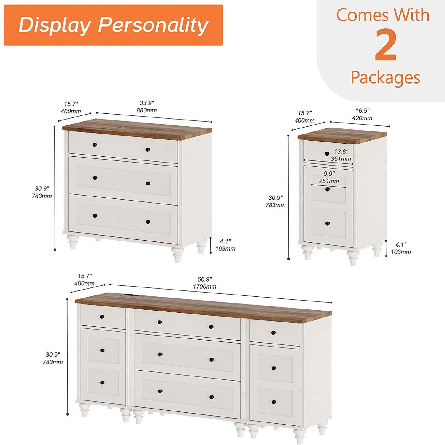 WAMPAT 67" Modern TV Stand for 75 Inch TV, Wood Dresser with 5 Drawers and 2 Doors, Nightstands with Charging Station for Living Room, Off White