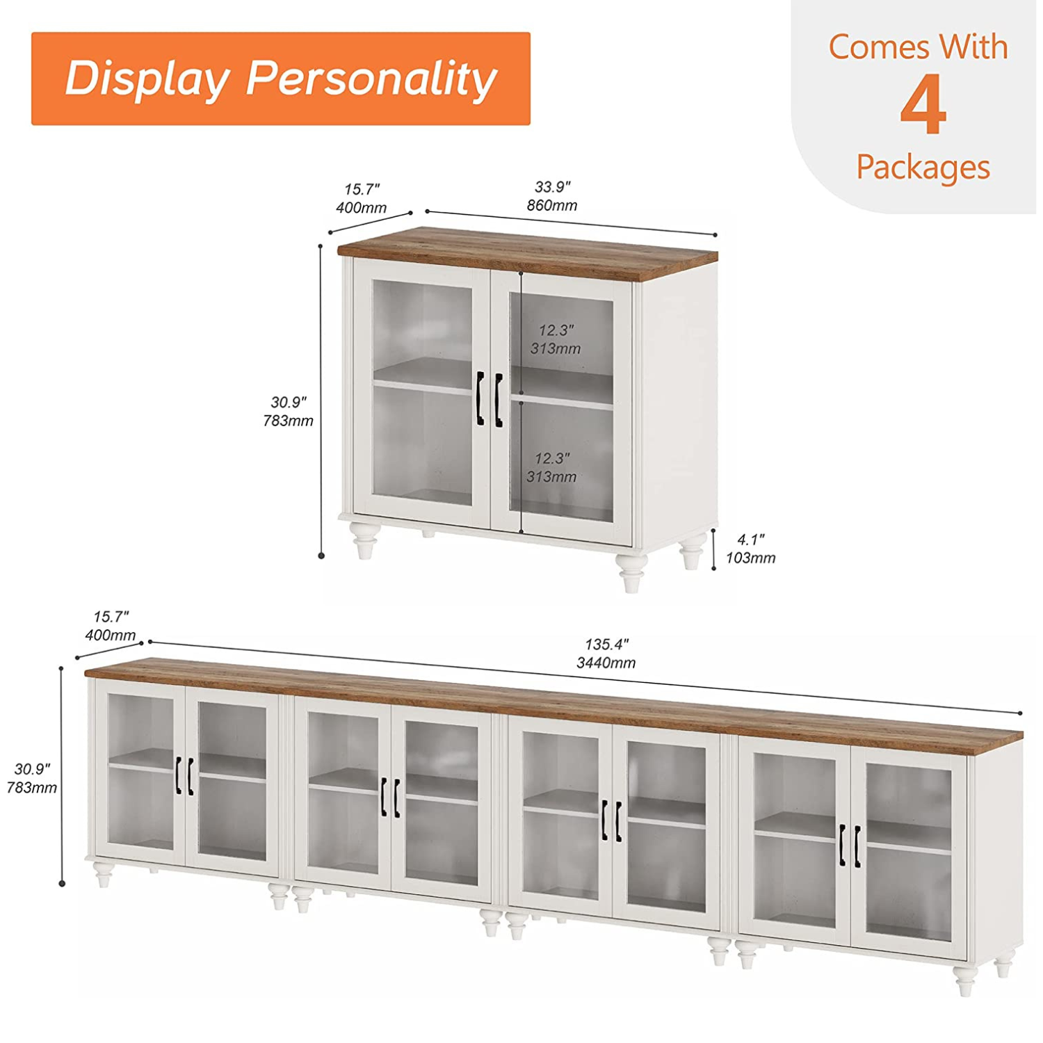 WAMPAT Large LED TV Stand for 75/80/85/90/100 Inch TV, 4-in-1 Kitchen Buffet Cabinet with Glass Door for Dining Room & Living Room, Off White