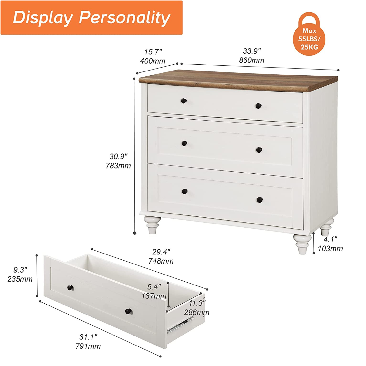 WAMPAT 34" Dresser for Bedroom with 3 Drawers, White Kids Dressers with Wide Chest of Drawers, Mid Century Modern Wooden Closet Storage Organizer, Small Dressers for Living Room, Nursery, Hallway