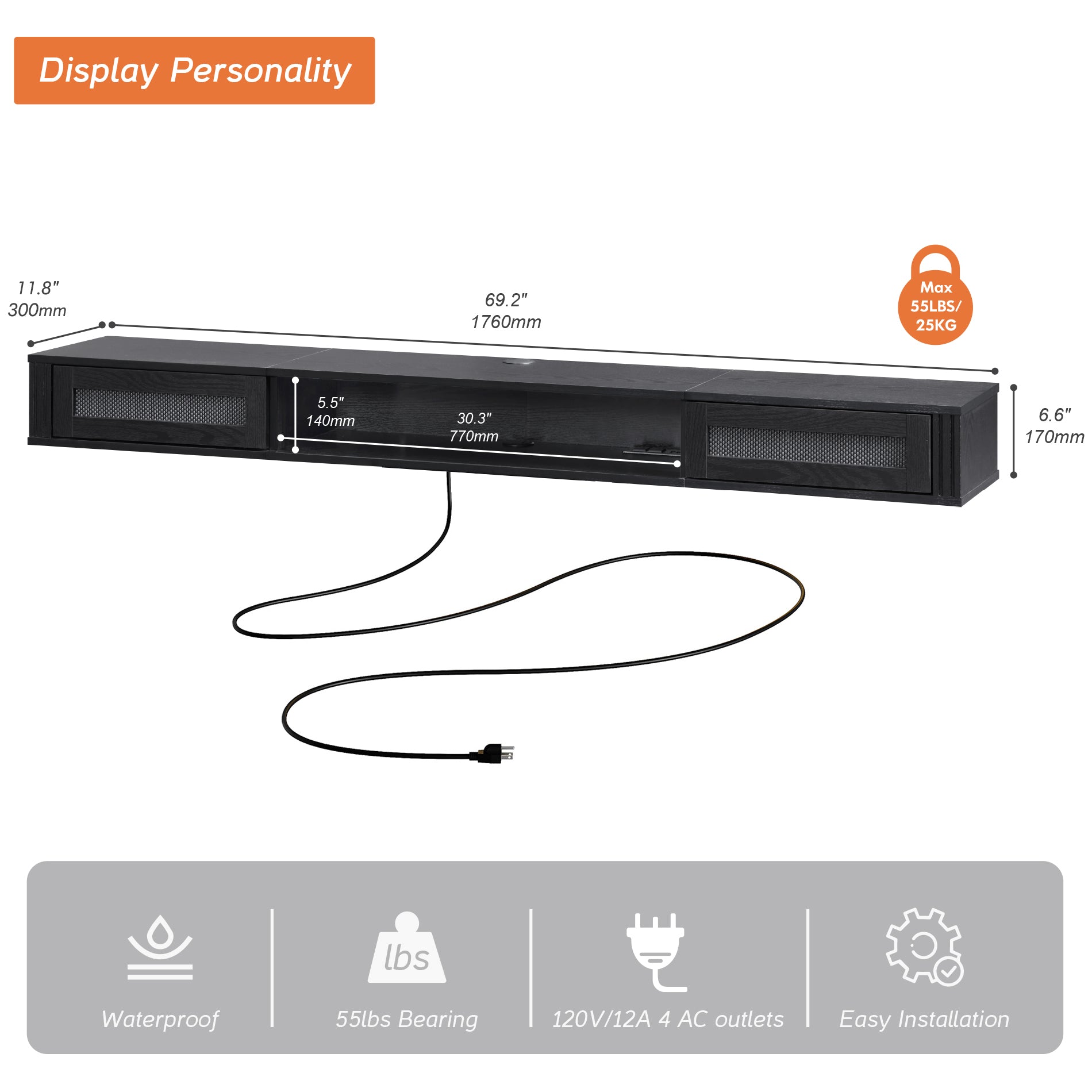 Wampat 69" Floating TV Stand for 75" TVs, Wall Mounted Entertainment Center for Living Room, Black