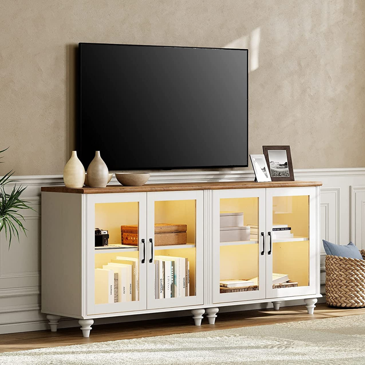 WAMPAT 67.7" LED TV Stand for 75 Inch TV, 2-in-1 Kitchen Sideboard Buffet Cabinet with Glass Door for Dining Room, Off White