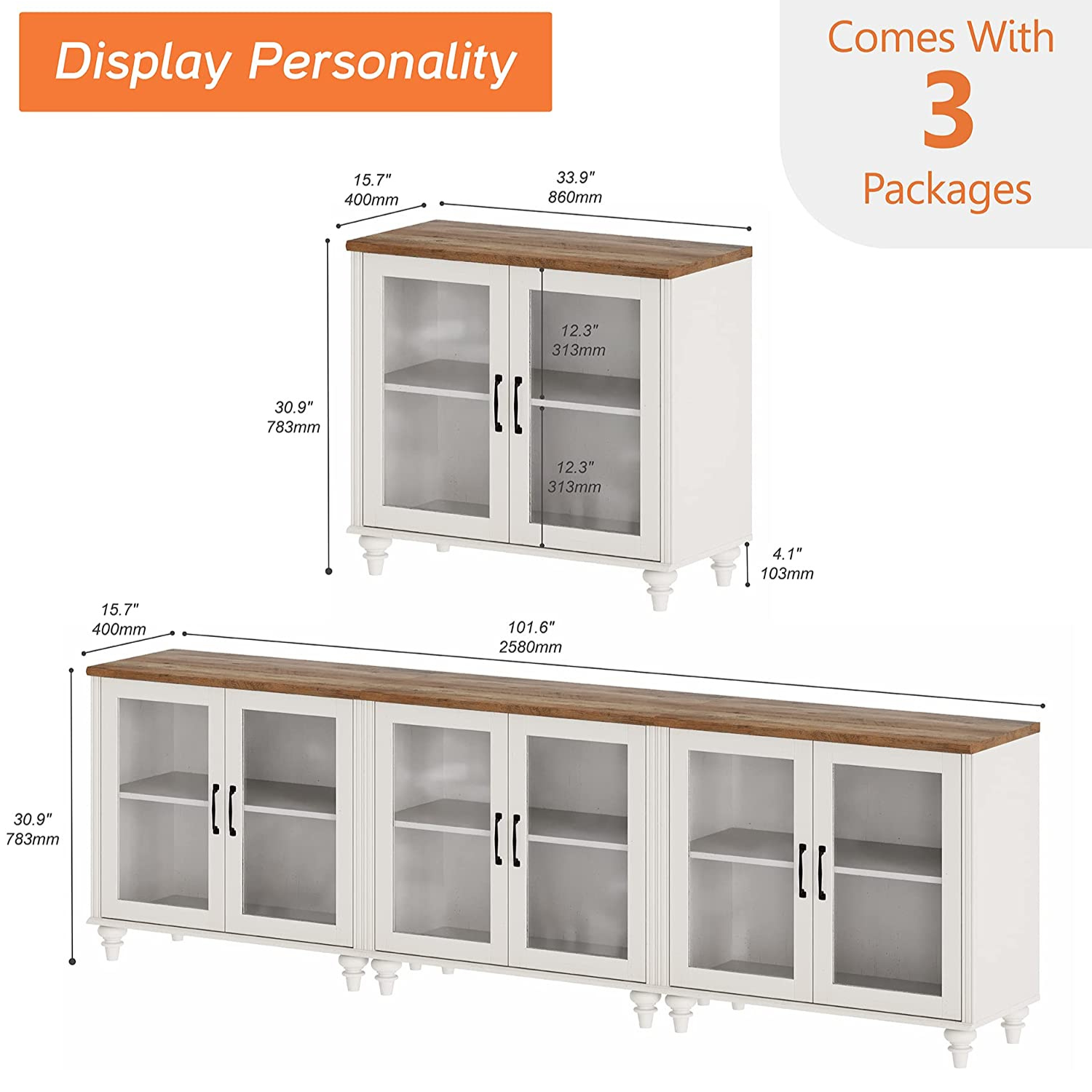 WAMPAT 101" LED TV Stand for 75/80/85 Inch TV, 3-in-1 Kitchen Cupboard Buffet Cabinet with Glass Door for Dining Room & Living Room, Off White