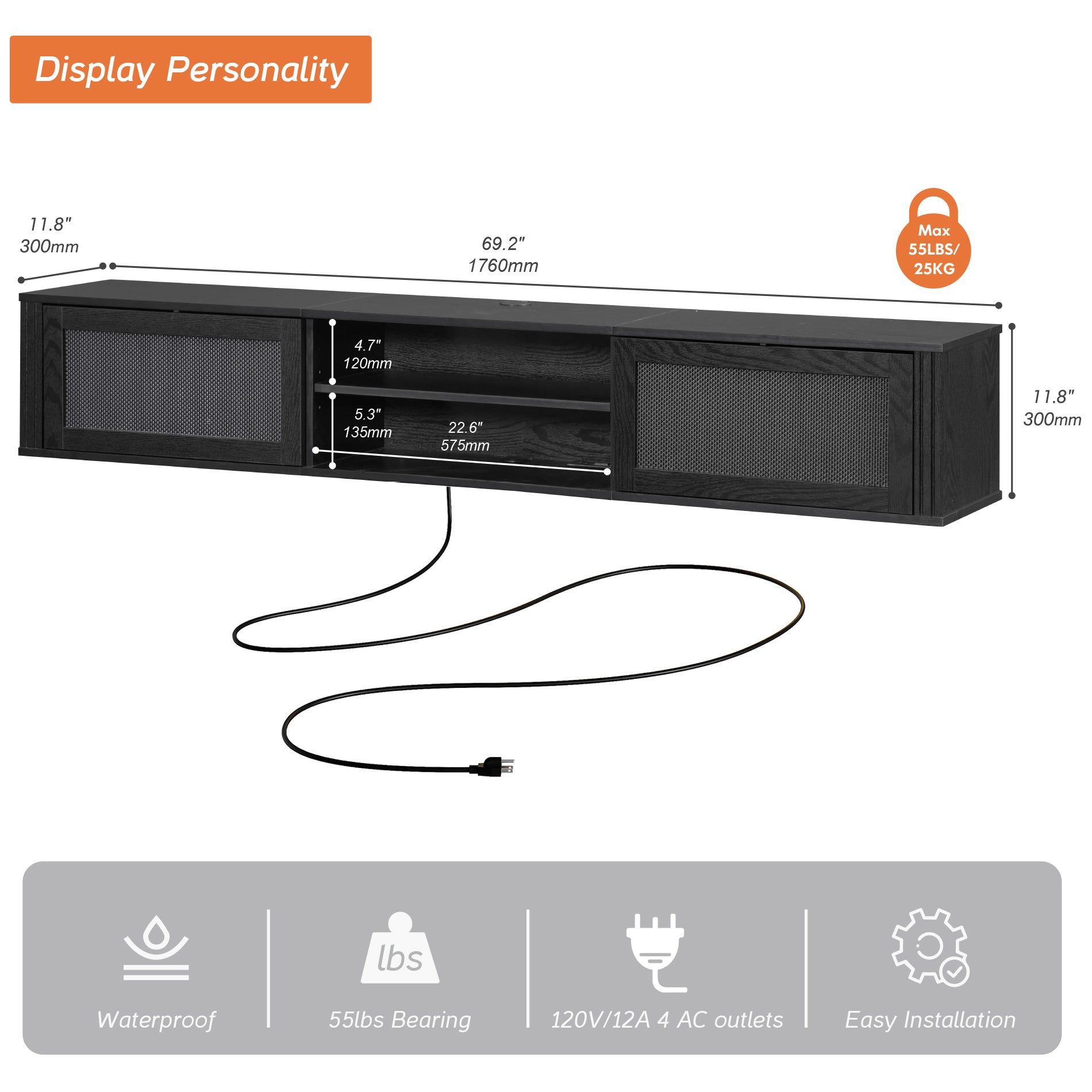 Wampat 2-Tier Floating TV Stand for 80" TVs, Wall Mounted Media Console Entertainment Center with Power Outlet, Floating TV Shelf for Living Room, Black