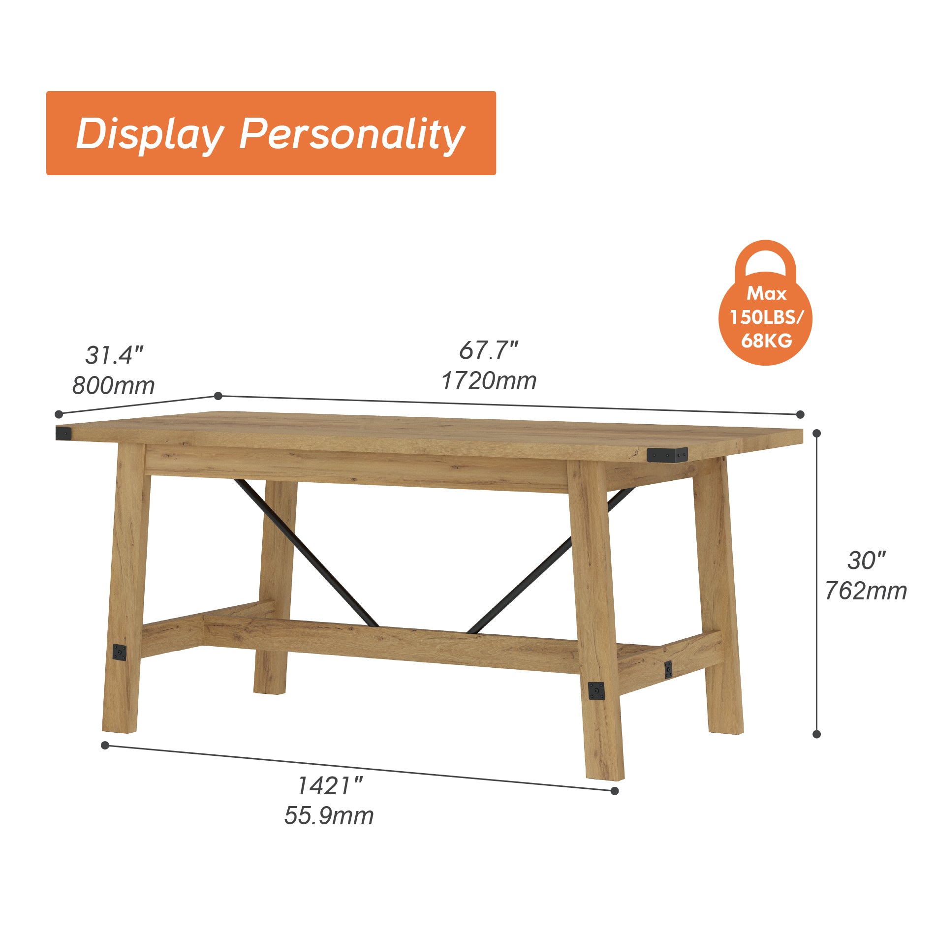 WAMPAT 4-6 Person Farmhouse Dining Table with Heavy Duty Wooden Legs, 67.7 Inch Rectangular Modern Wood Kitchen Table for Dining room & Living room, Oak Brown