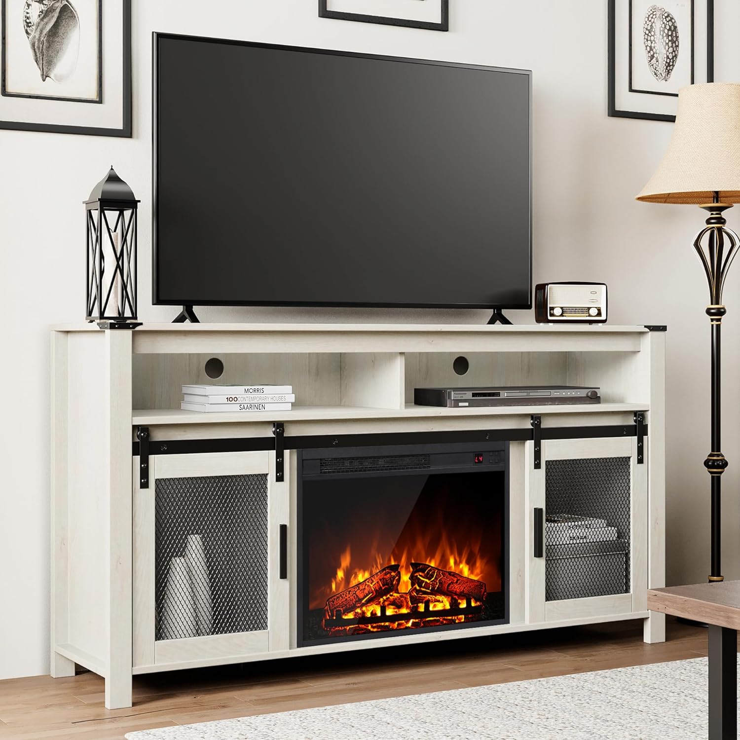 WAMPAT Fireplace TV Stand for 65+ Inch TV, Farmhouse Highboy Entertainment Center with 23" Electric Fireplace