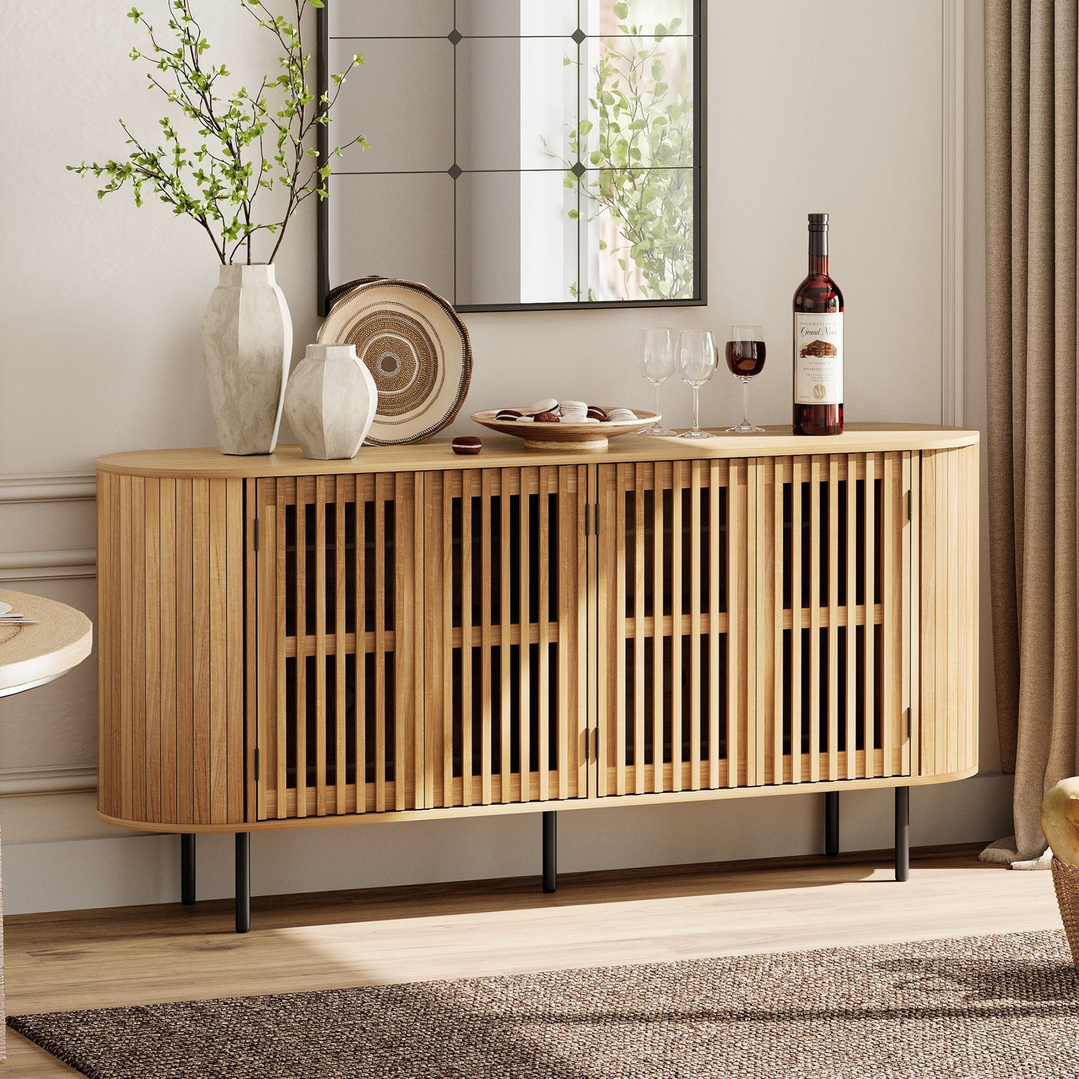 WAMPAT 64" Kitchen Buffet Sideboard Cabinet, Coffee Bar Storage Cabinet with Pop-up Doors, Oak