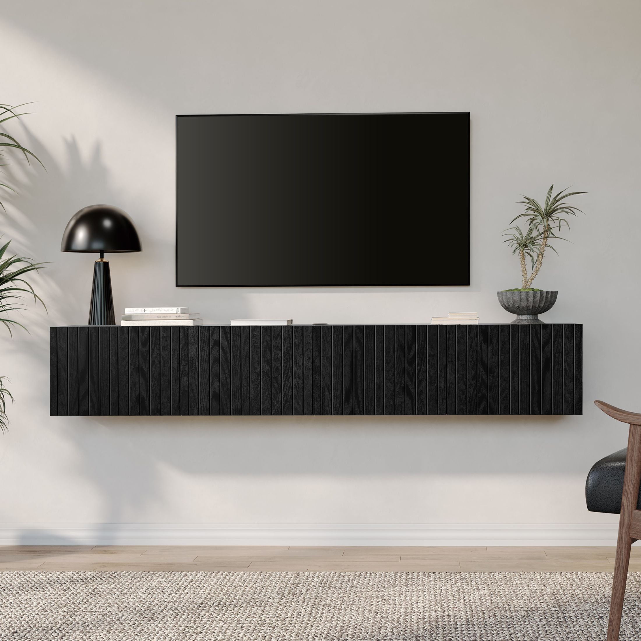 WAMPAT Floating TV Stand for TVs up to 80 inch, Modern Floating Entertainment Center with 3 Fluted Flip-Down Doors, Wall Mounted TV Shelf for Living Room, Bedroom, Black