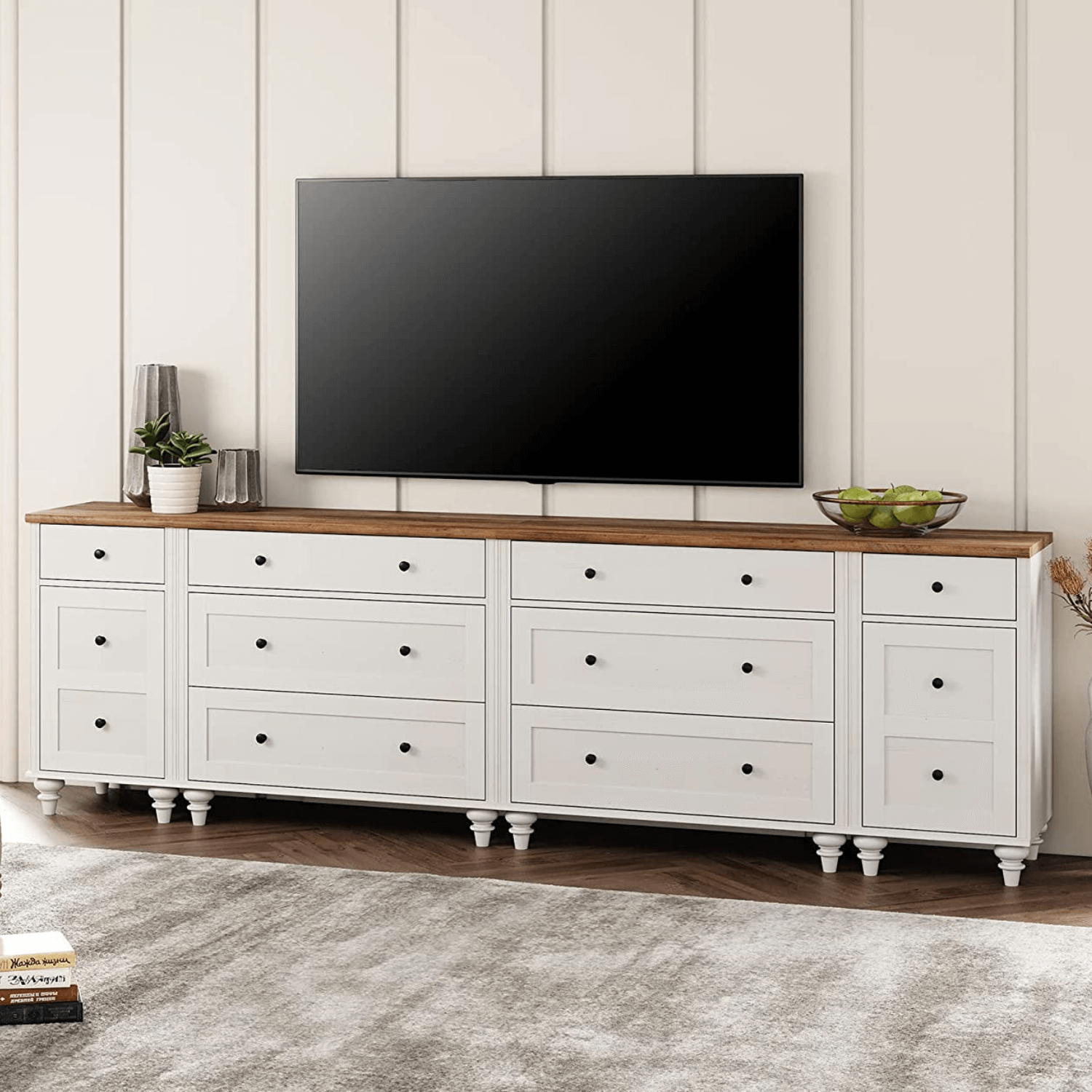WAMPAT 100" Wood TV Cabinet Entertainment Center for 75/80/85/90 Inch TV, Kids Dresser for Bedroom, Off White