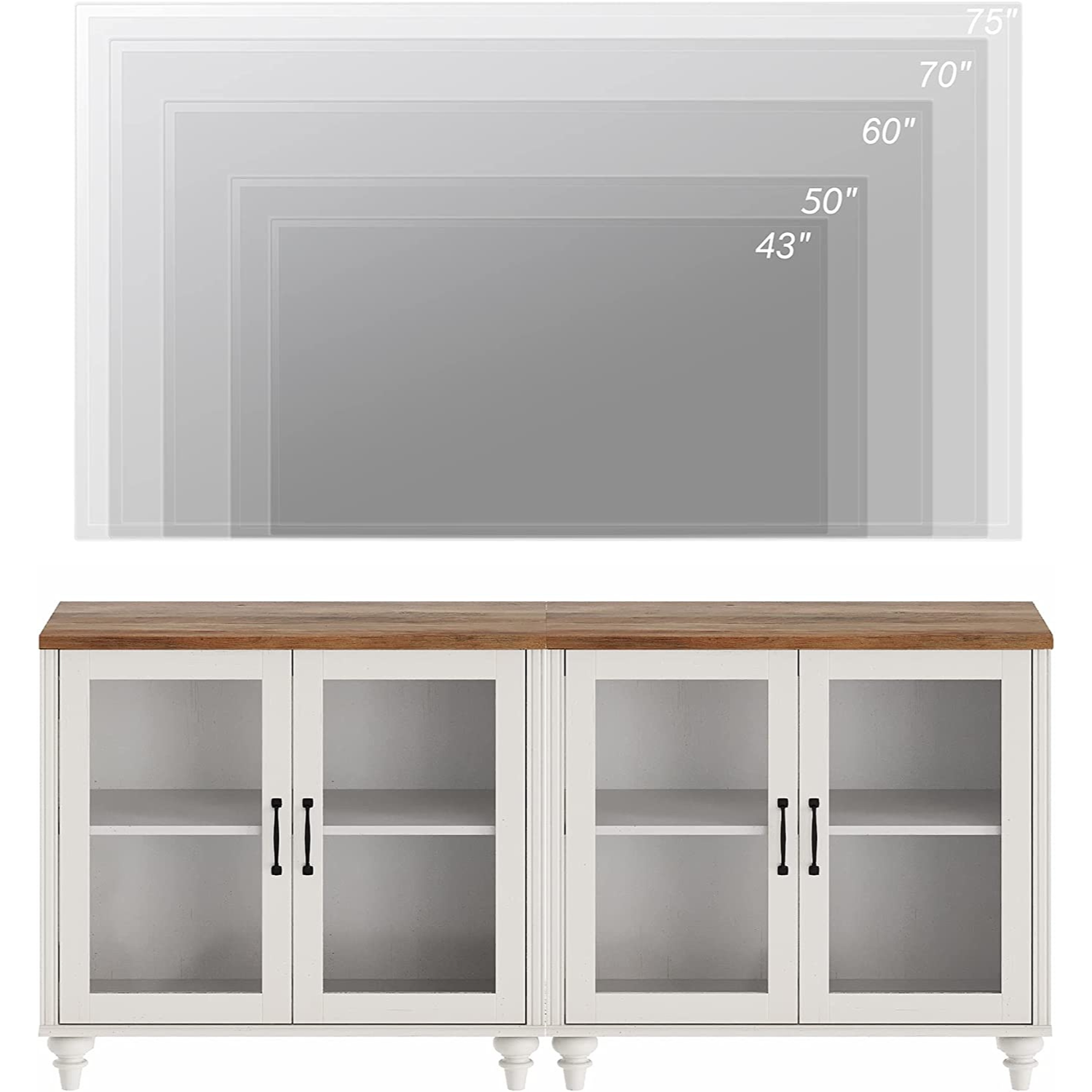 WAMPAT 67.7" LED TV Stand for 75 Inch TV, 2-in-1 Kitchen Sideboard Buffet Cabinet with Glass Door for Dining Room, Off White